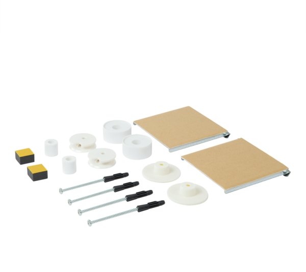 Set Spiegelaufhängebleche mit braunen Halteplatten, Schrauben, weißen Distanzstücken & Clips