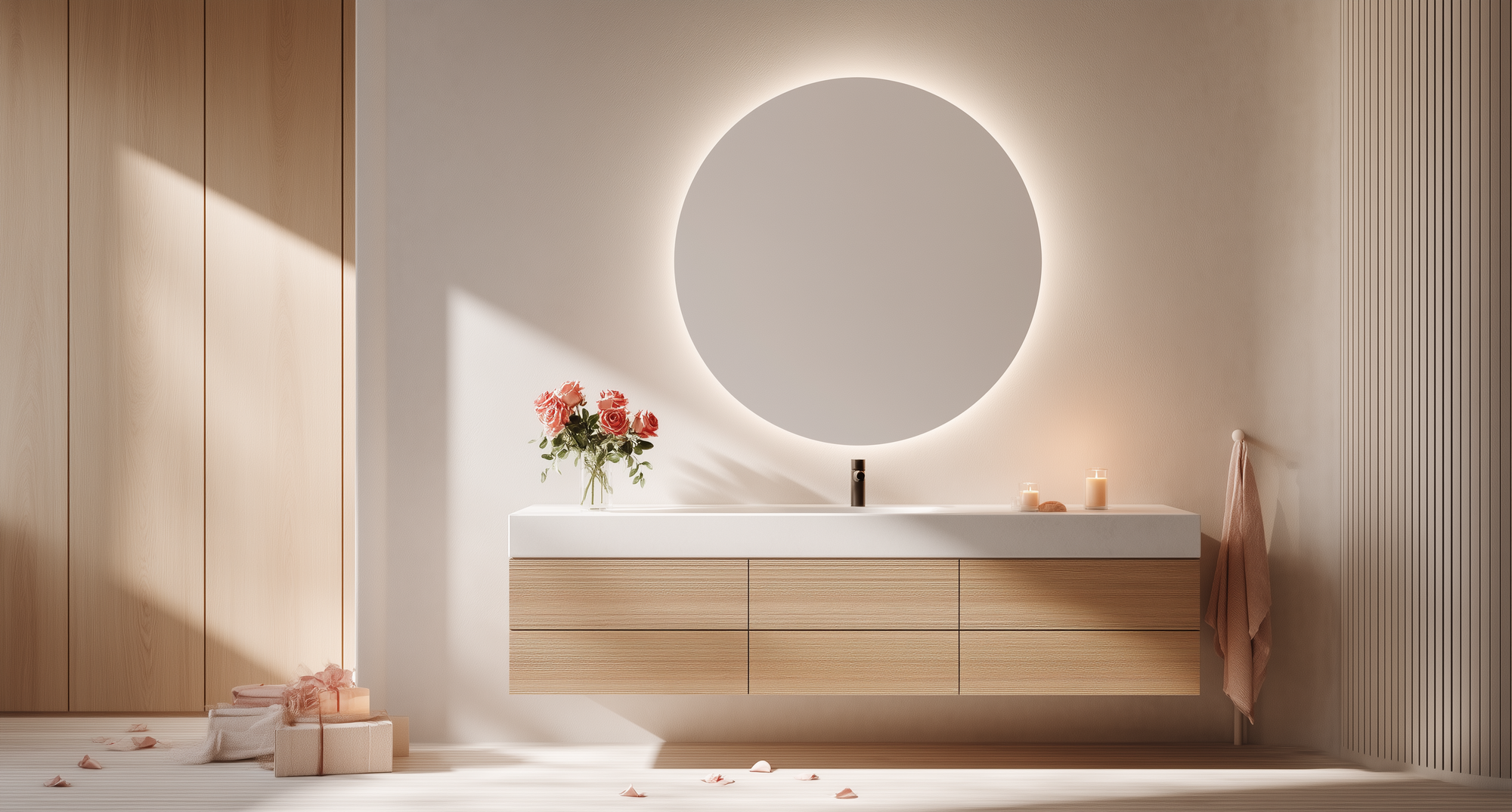 Minimalistisches Badezimmer mit großem runden LED-Spiegel über Holz-Waschtisch