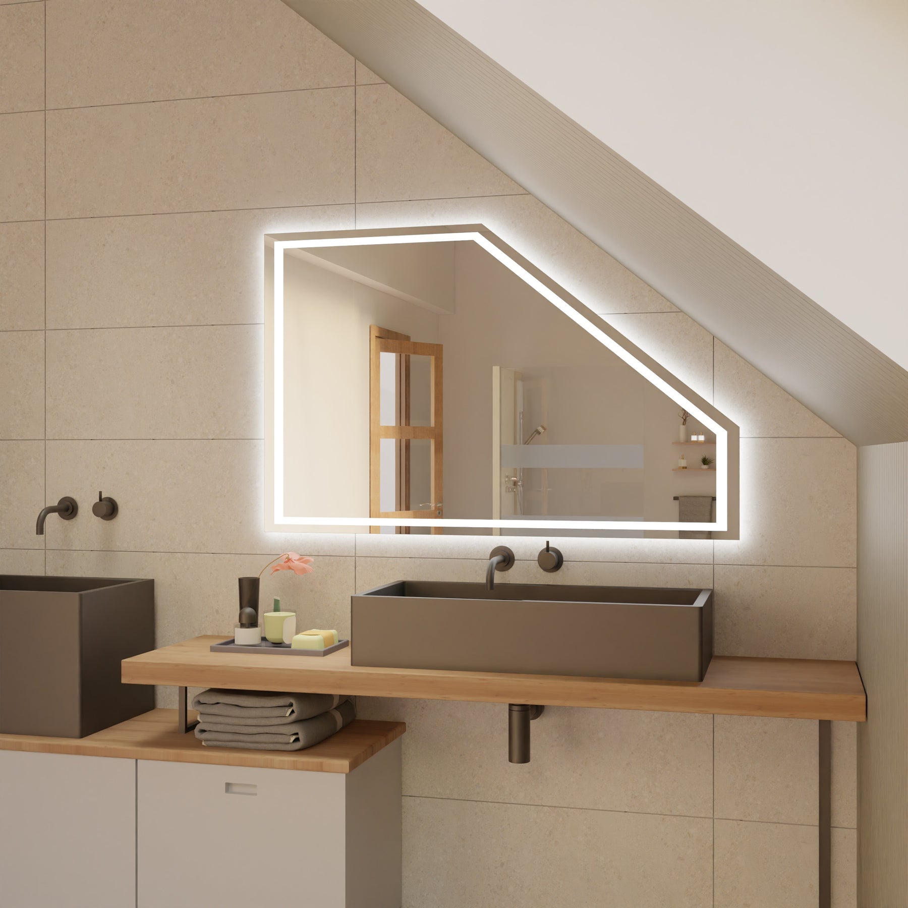 Spiegel für die Dachschräge mit LED-Lichtkante, breite rechteckige Kontur über Waschtisch