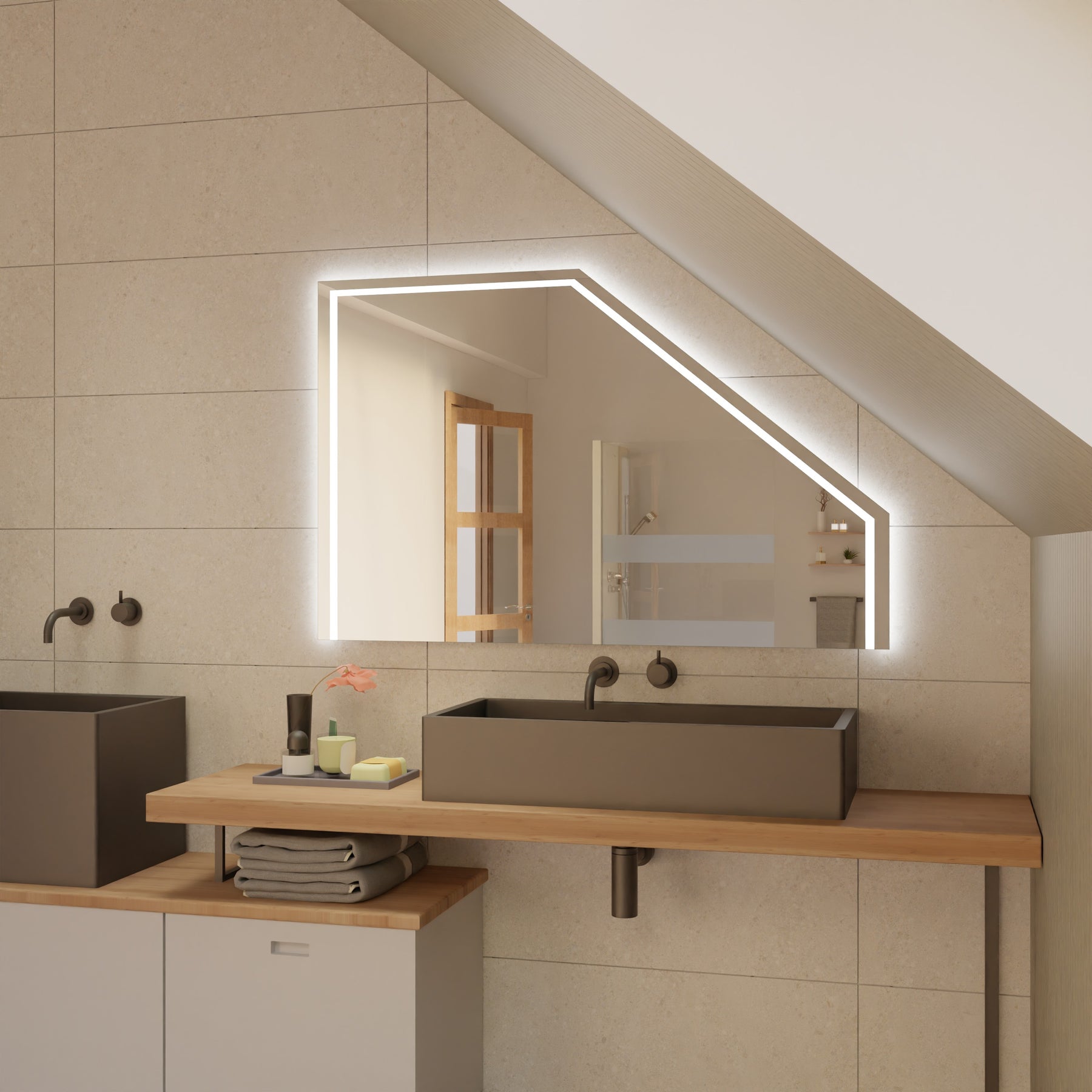 Spiegel für Dachschräge mit LED-Lichtkante, rechteckige Öffnung mit klarer Kante
