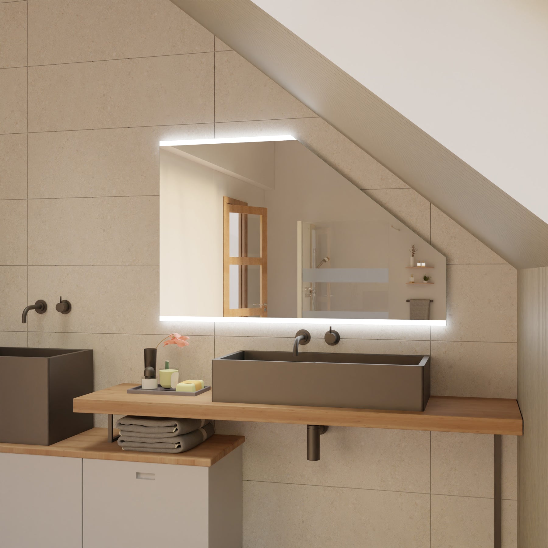 Rechteckiger Spiegel für Dachschräge mit LED-Lichtkante, schmaler Umrandung