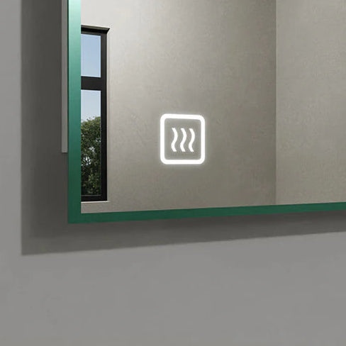 Beleuchteter Touch-Sensor für die Spiegelheizung auf einem modernen Badezimmerspiegel.