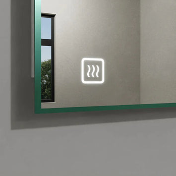Beleuchteter Touch-Sensor für die Spiegelheizung auf einem modernen Badezimmerspiegel.