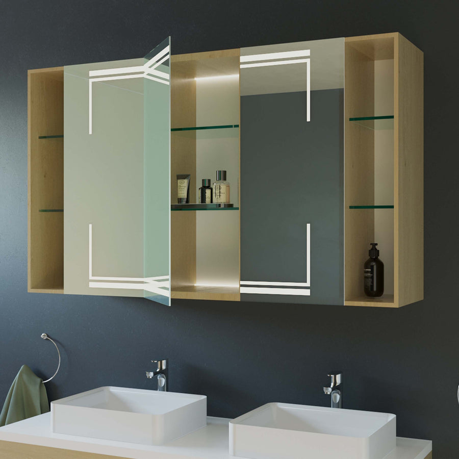 Badezimmer-Spiegelschrank Clara mit seitlich geöffnetem Spiegeltürfach und Glasregalen