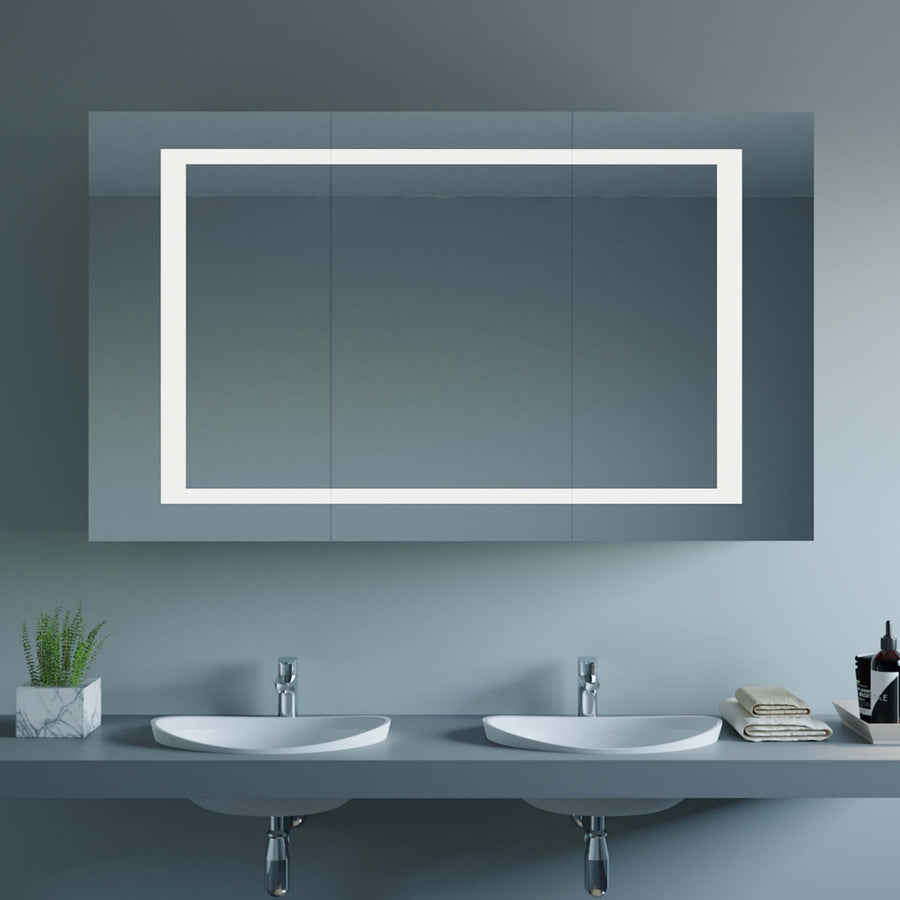 Emilia bathroom mirror cabinet with white frame and three-panel reflective doors
