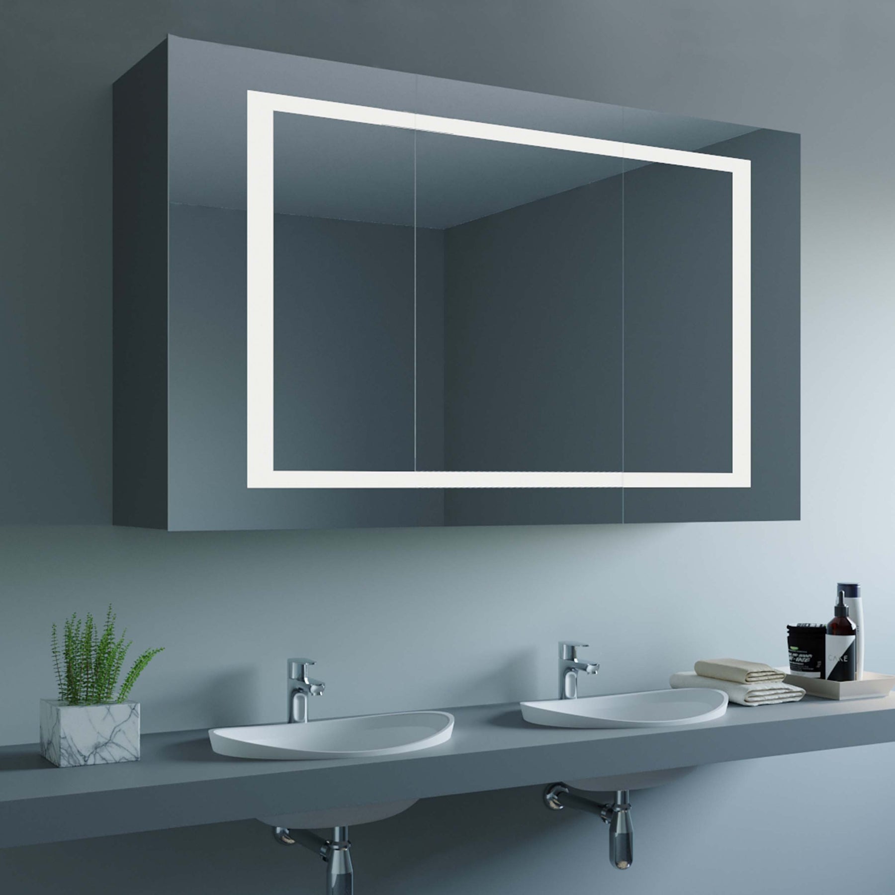 Emilia wall mirror cabinet, white-framed three-door design with two central panels