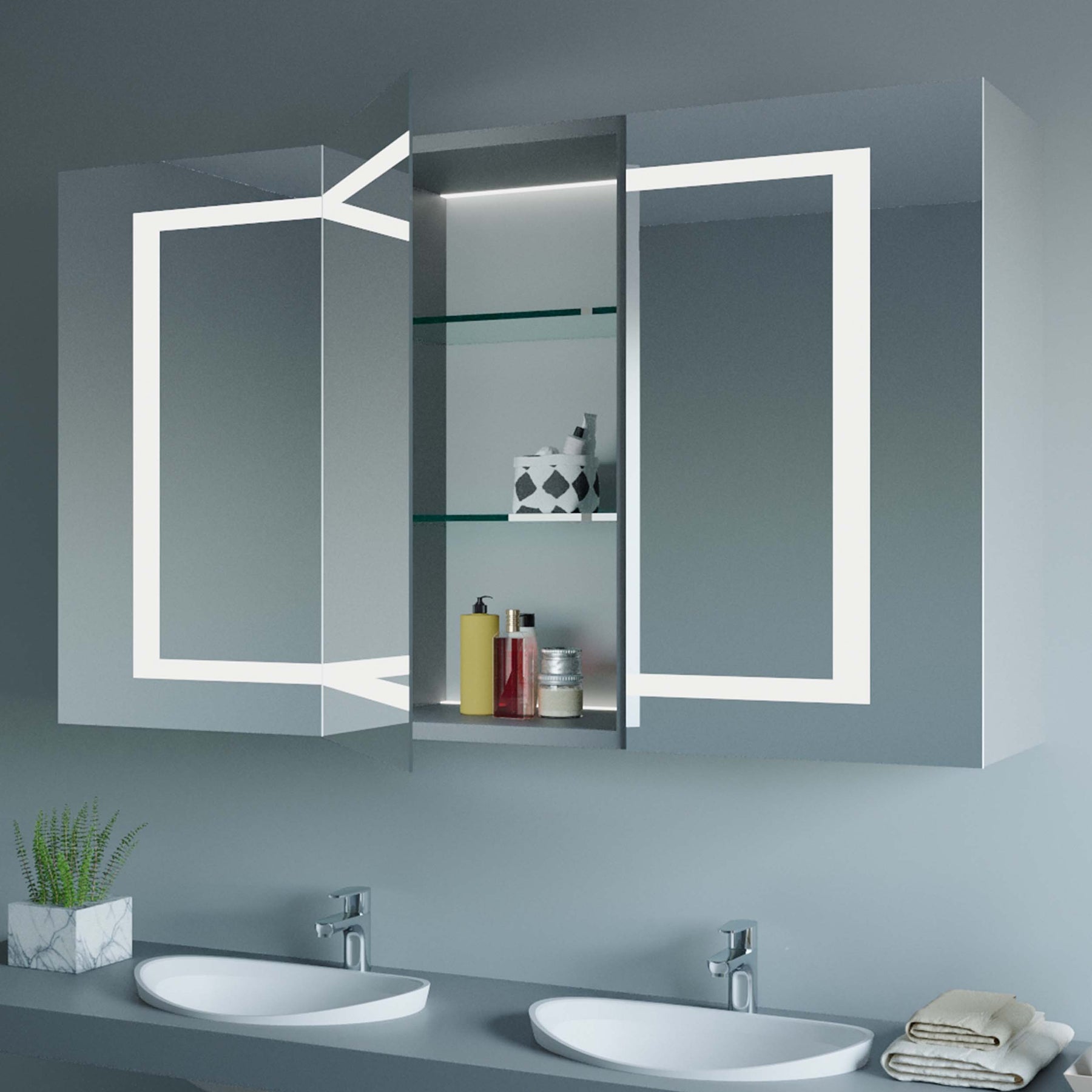 Emilia mirrored cabinet with doors open to reveal glass shelves and side compartments