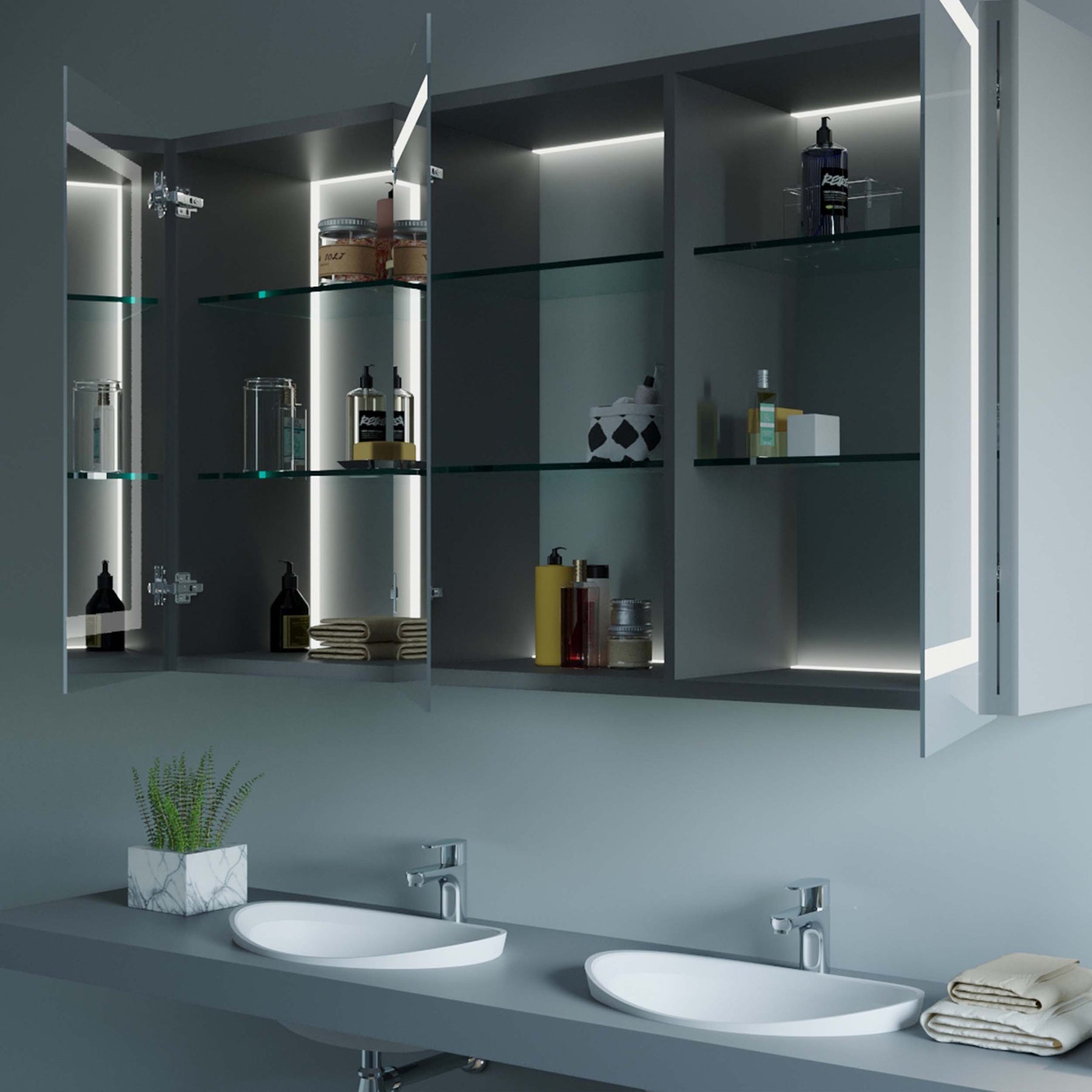 Emilia bathroom mirror cabinet with open doors, built-in shelves, and bright interior lighting