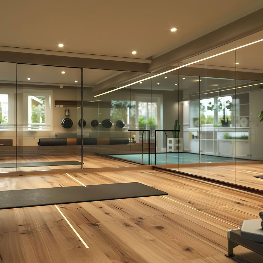 Amara Fitnessspiegel-Wand 6 mm mit durchgehendem Spiegelglas, reflektiert Matte und Raumansicht