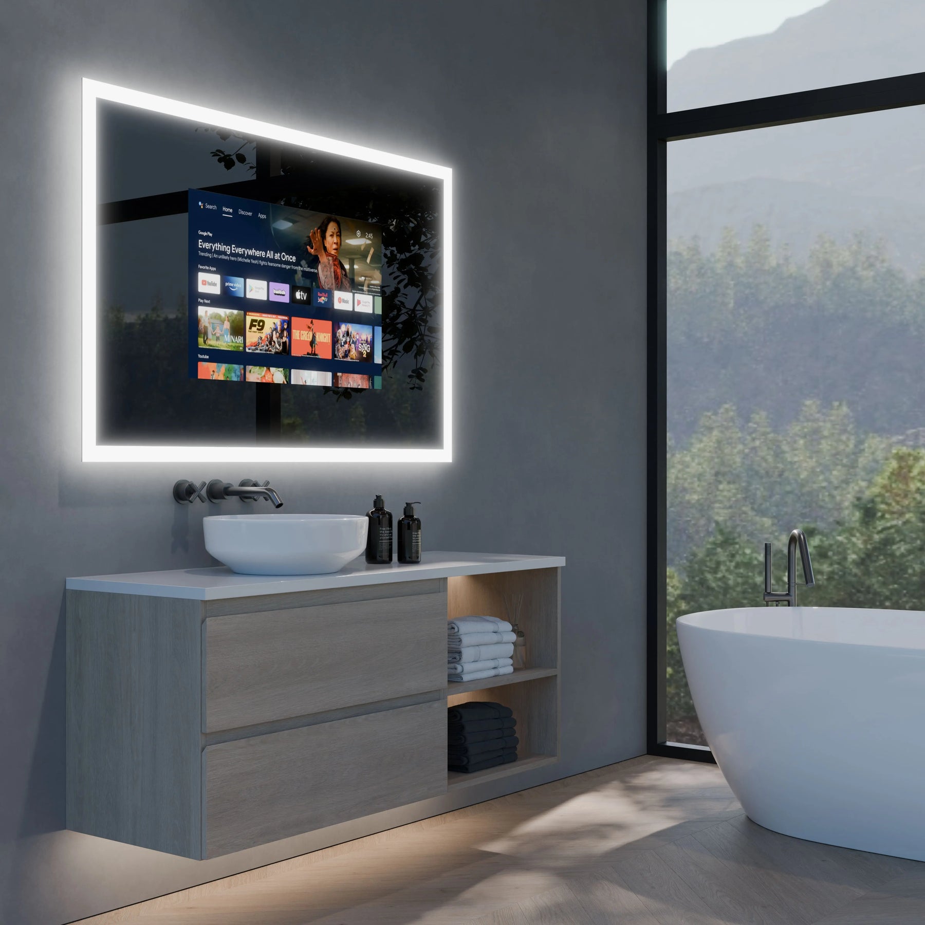 TV-Spiegel Aurelia an der Wand, weiß hinterleuchteter Rahmen mit TV-Display
