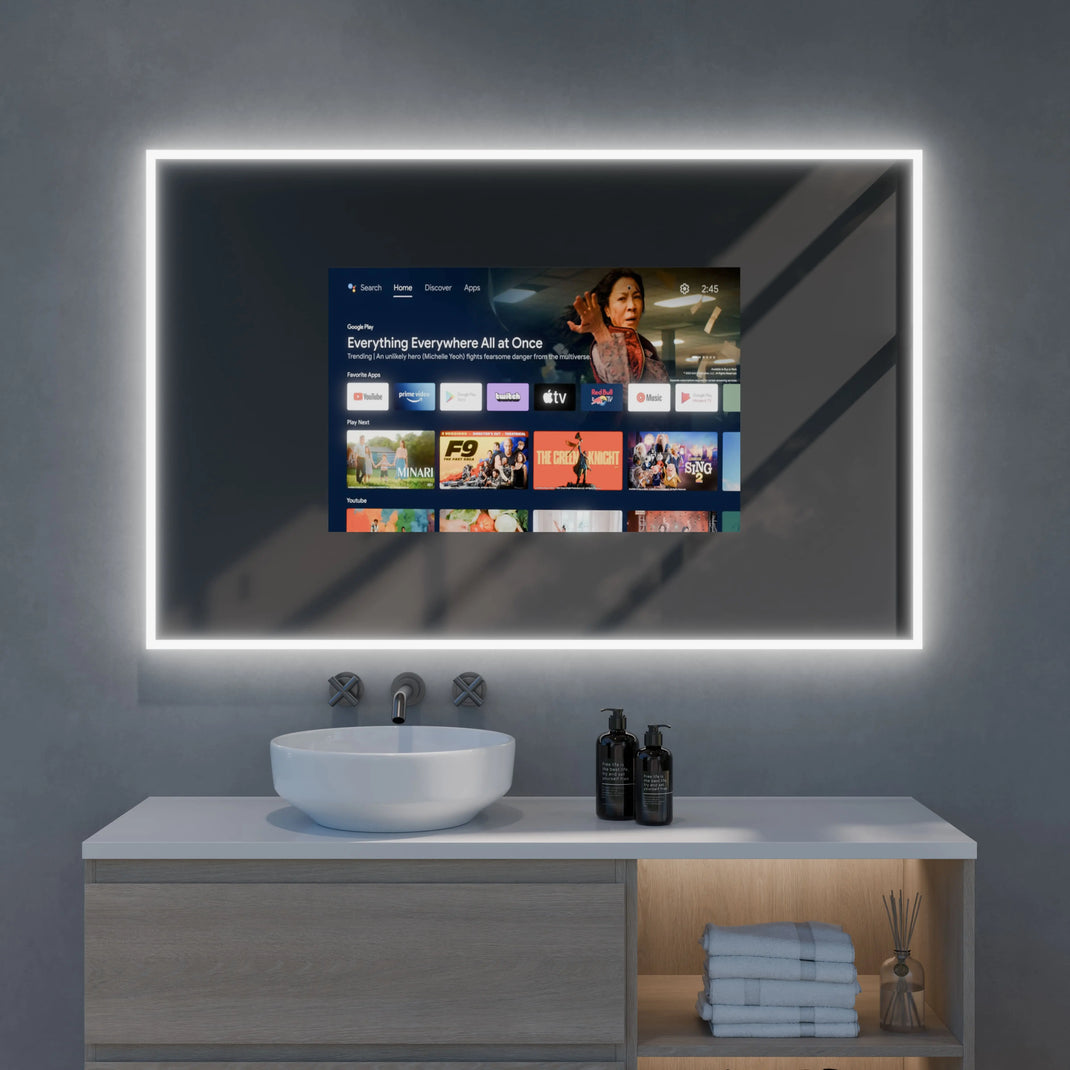 TV-Spiegel mit beleuchtetem Rahmen über weißem Waschtisch, TV-Menü im Display
