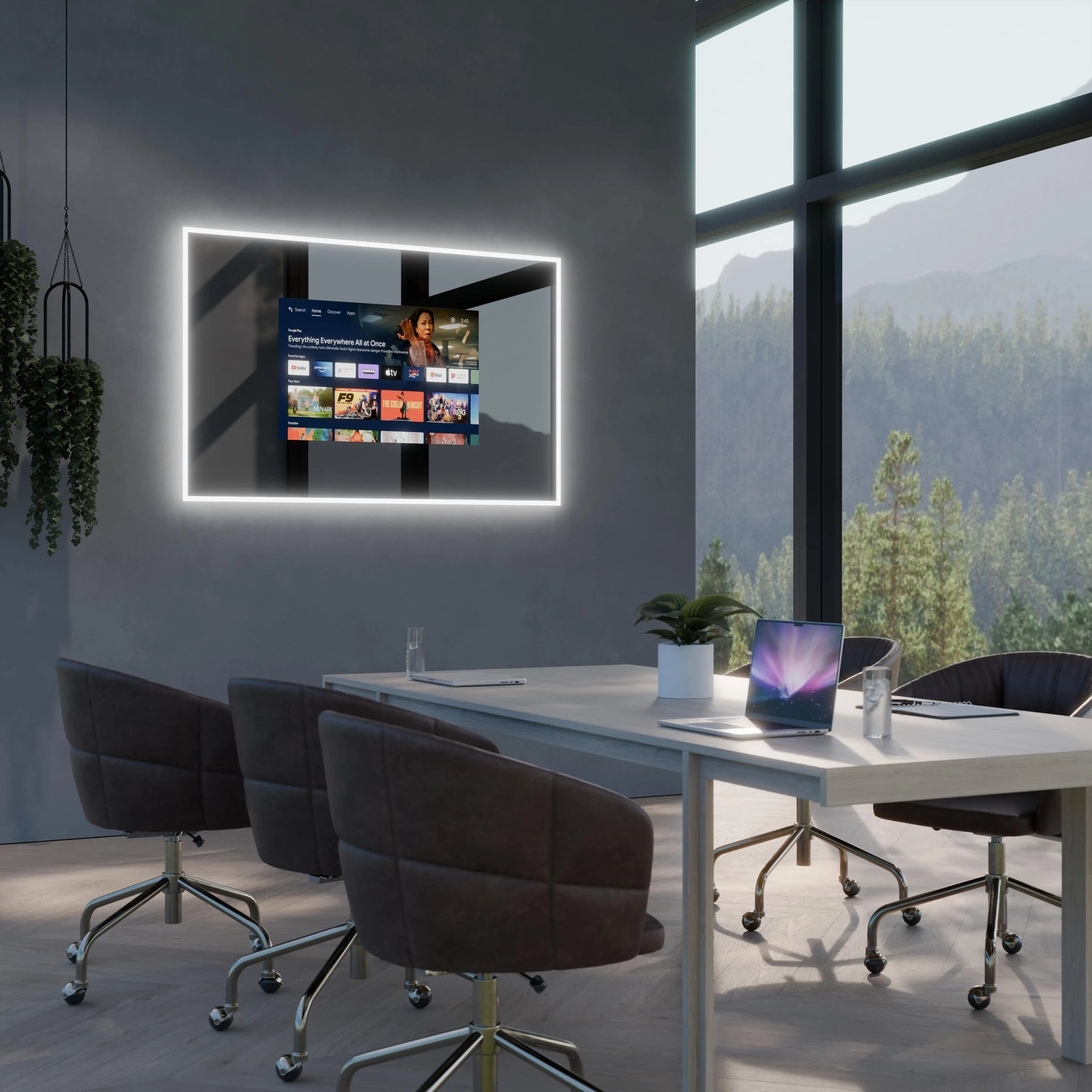 TV-Spiegel mit beleuchtetem Rahmen an der Wand, TV-Startseite im Display