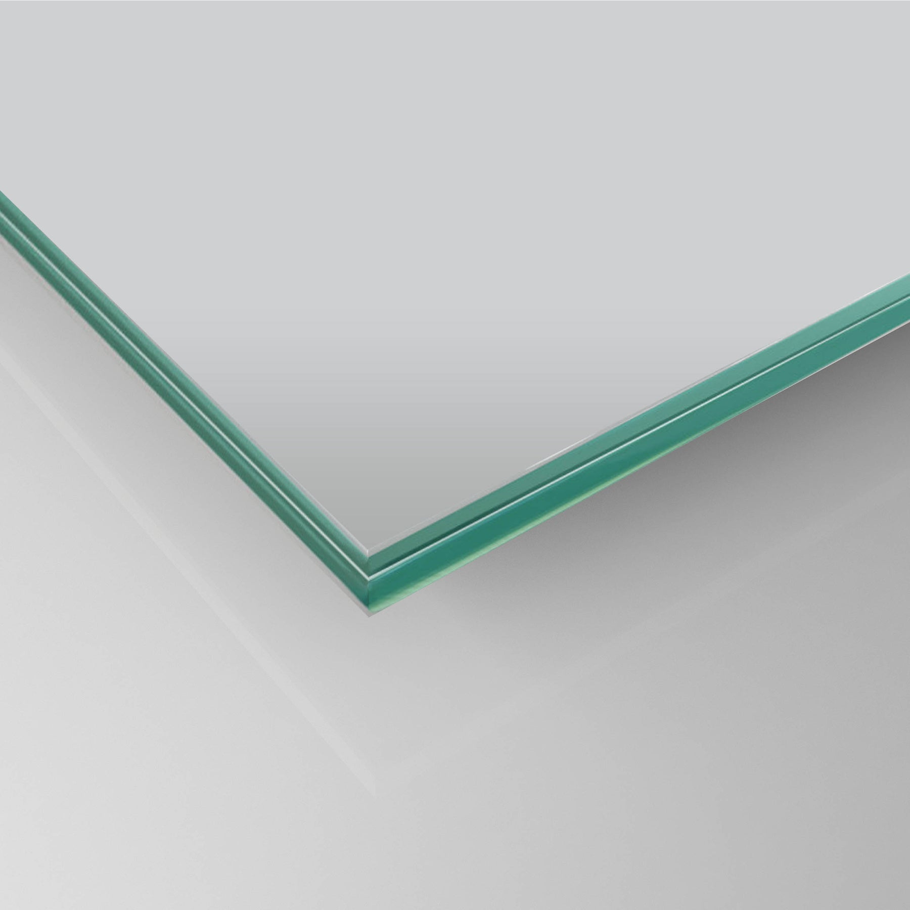 10 mm laminated matte glass panel with green edge trim at corner, VSG