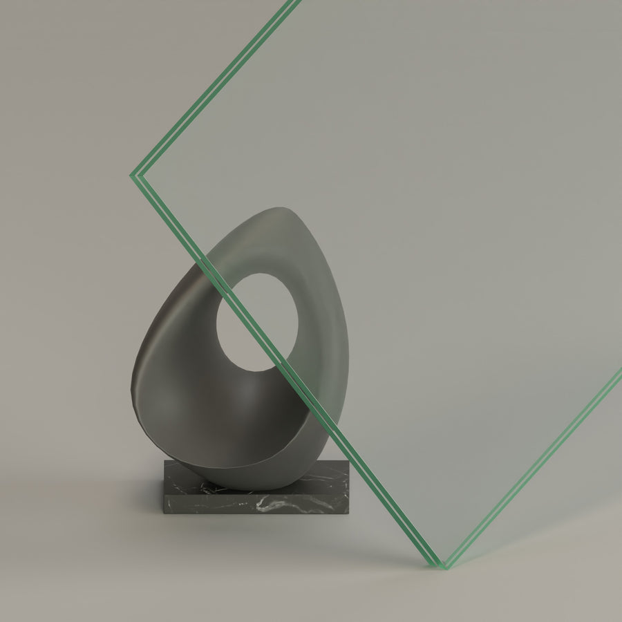 Glass panel corner with green beveled edge; round dark protective element included