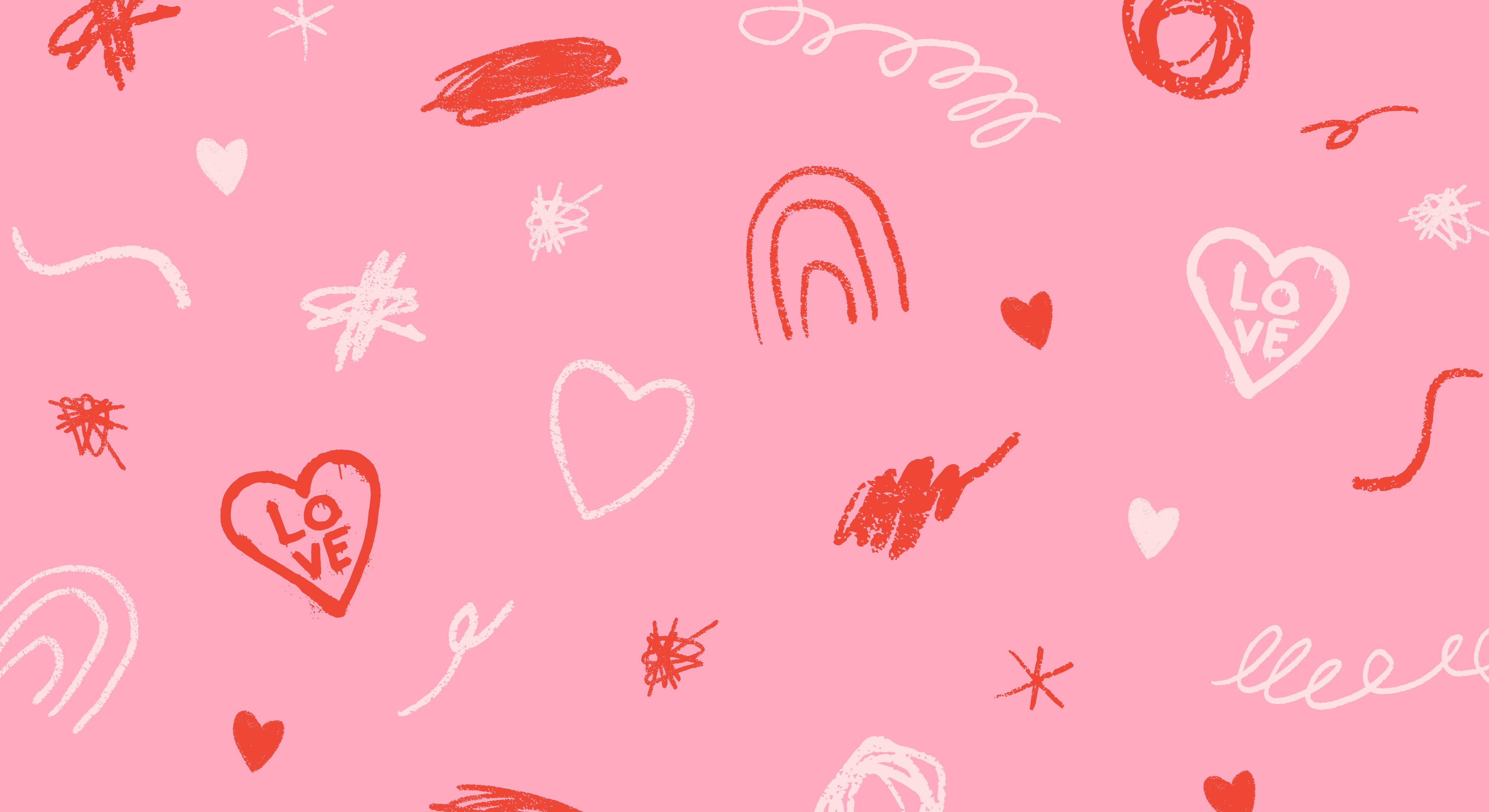 Rosa Hintergrund mit handgezeichneten roten und weißen Herzen, Kritzeleien und „LOVE“-Motiven.