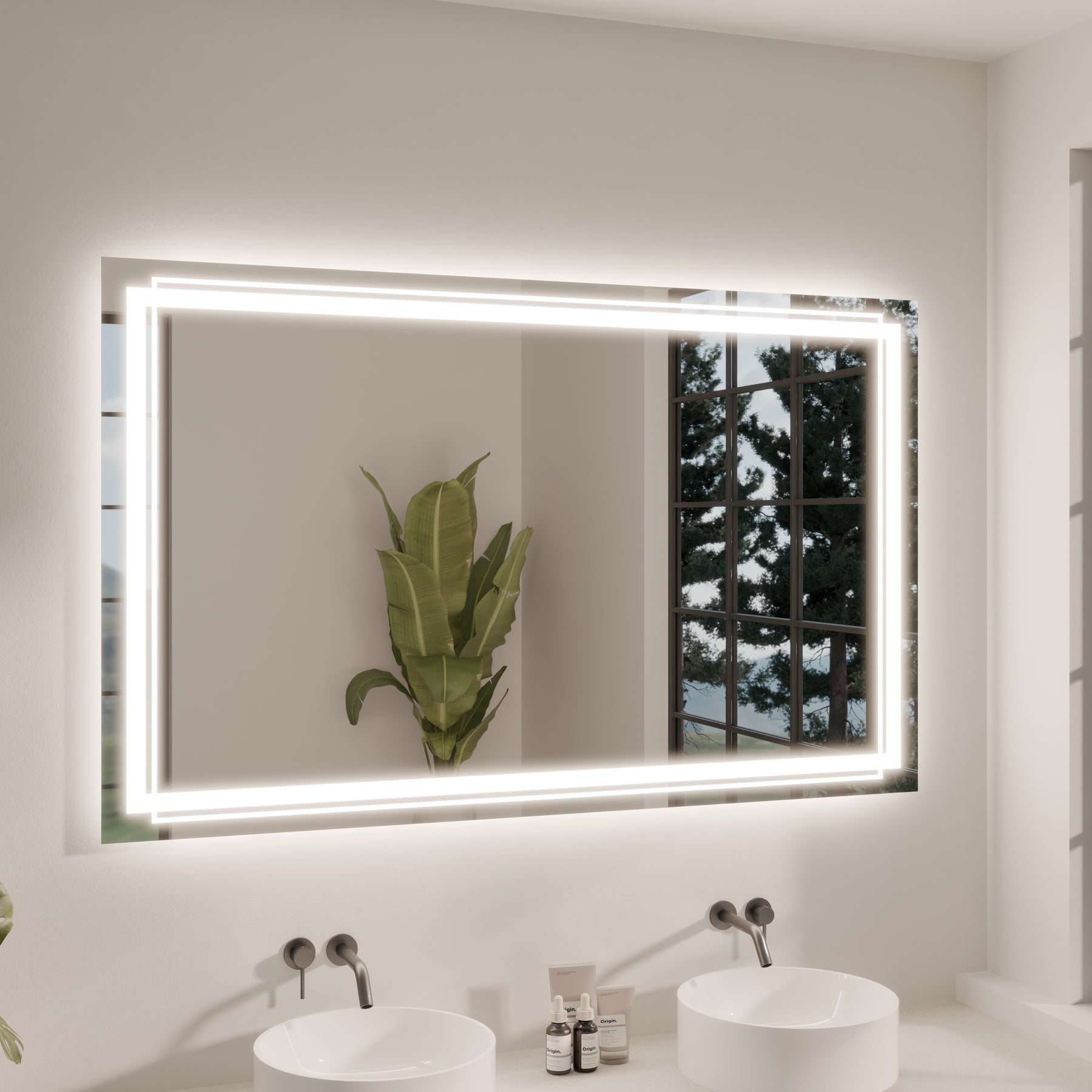 LED-Badspiegel Lyra mit breitem Leuchtrahmen, rechteckig, fest an der Wand