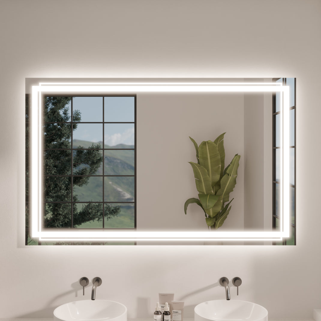 LED-Badspiegel Lyra mit rechteckigem Leuchtrahmen und umlaufender Lichtleiste