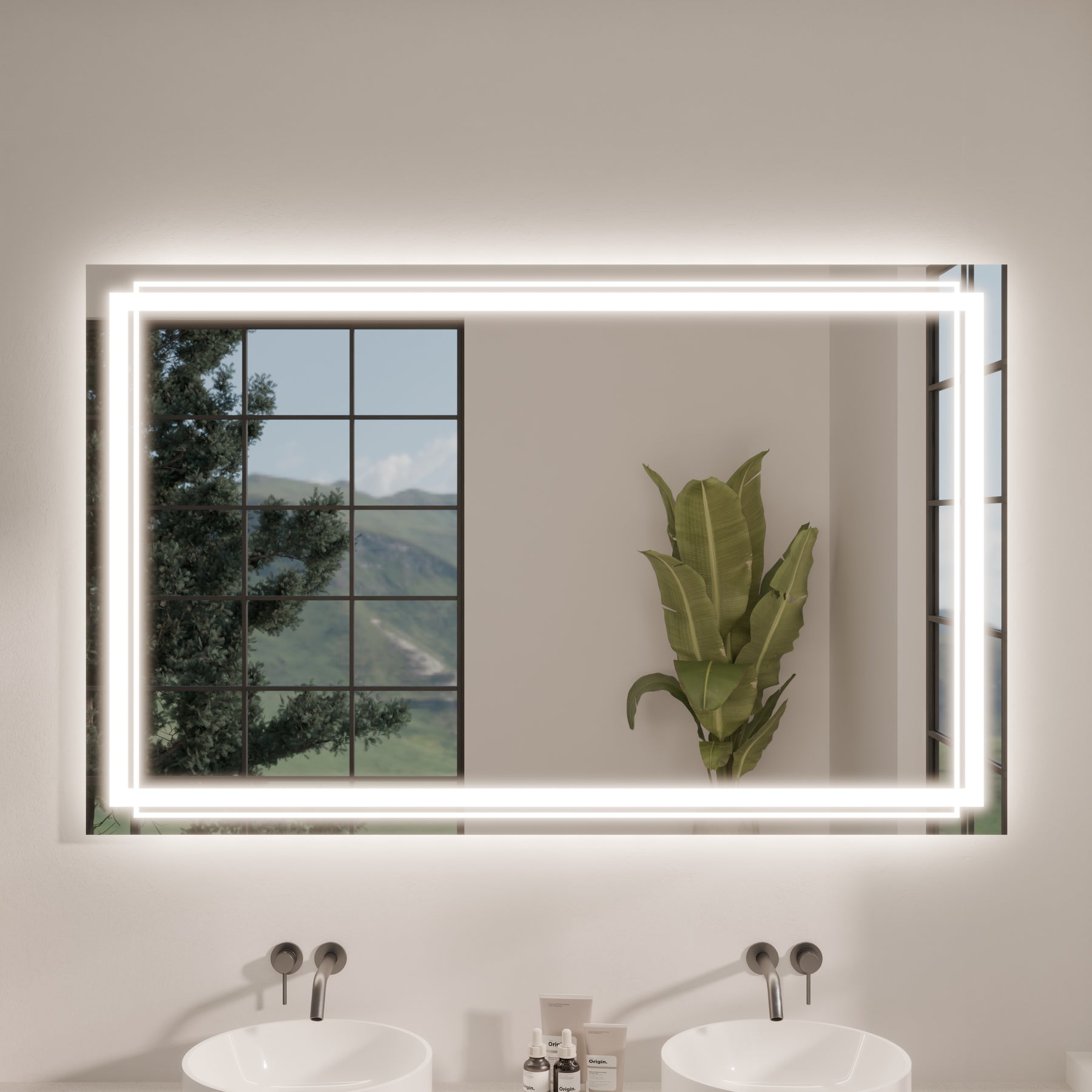 LED-Badspiegel Lyra mit rechteckigem Leuchtrahmen und umlaufender Lichtleiste