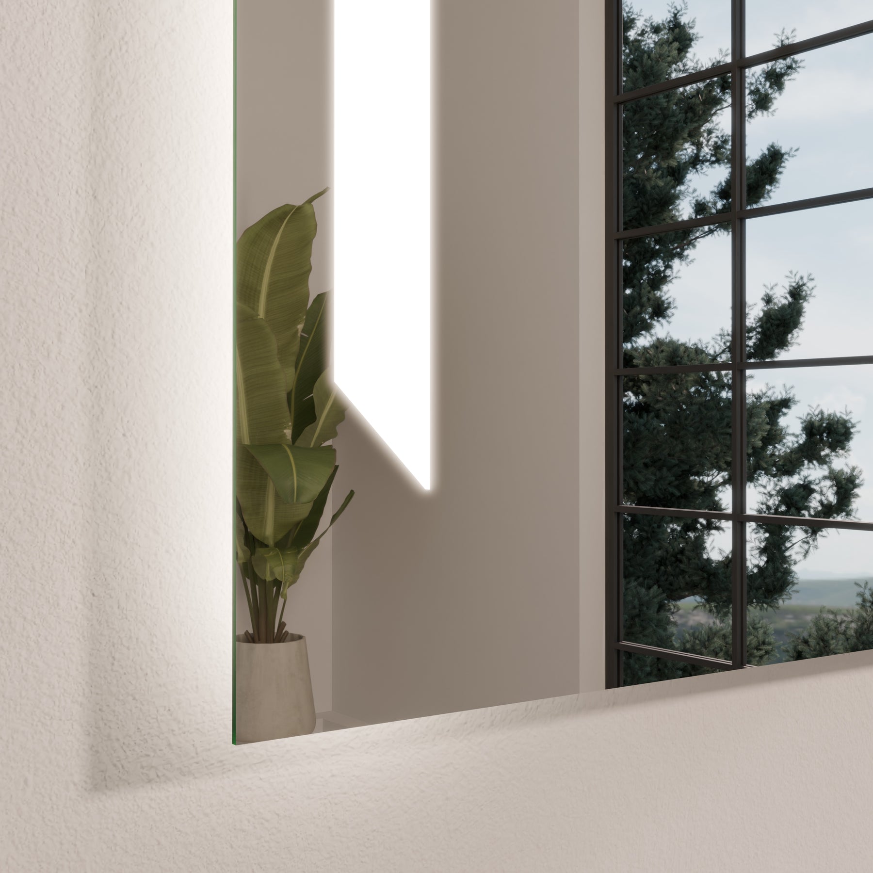 LED-Badspiegel: schmaler Seitenrahmen mit vertikal leuchtendem Lichtband
