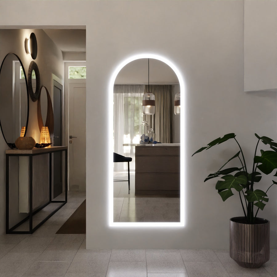 Bright LED edge-lit arched wall mirror, tall rectangular shape with rounded top