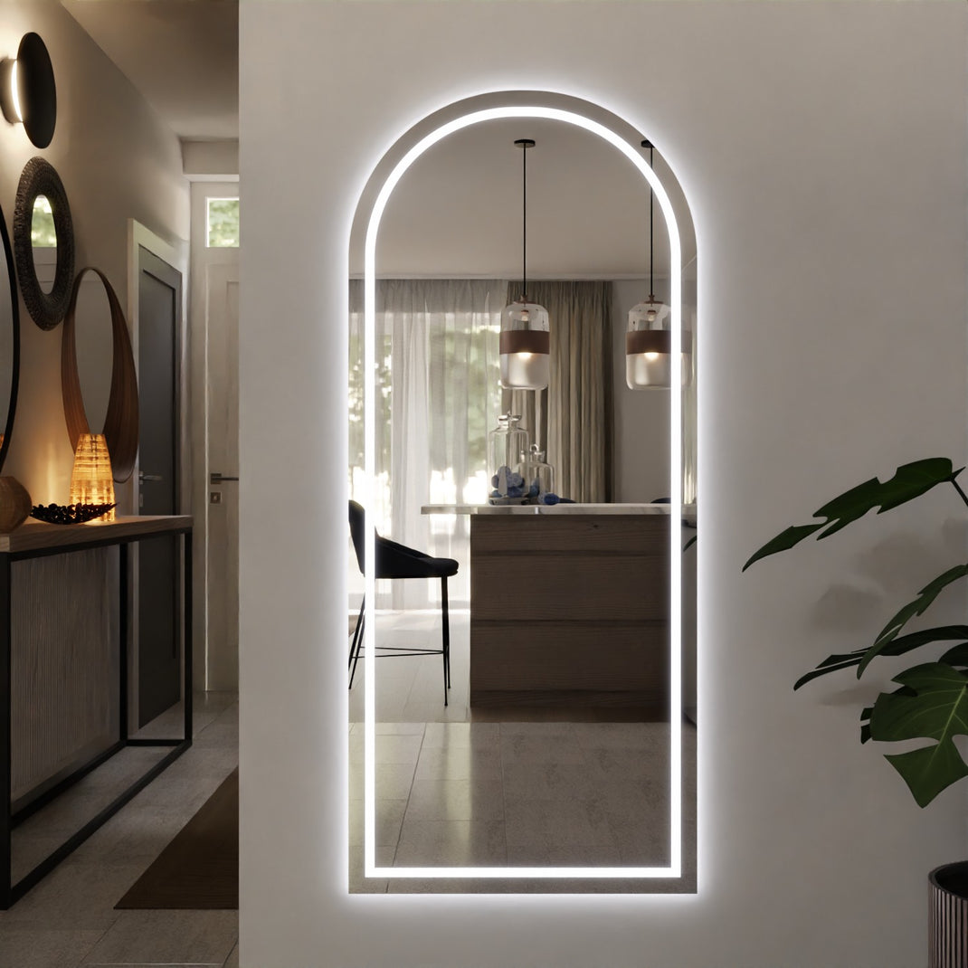Illuminated arched wall mirror with slim LED backlit border, dark frame