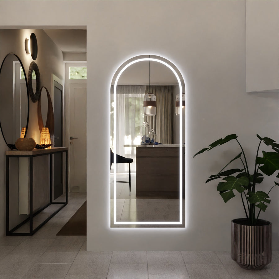 Round-arched LED backlit wall mirror with slim glowing light border