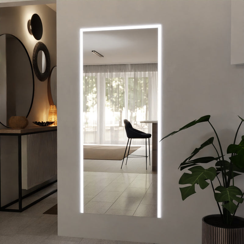 Rectangular LED wall mirror with bright perimeter light border and slim profile