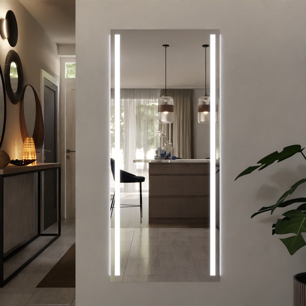 Rectangular LED wall mirror with bright vertical light strips on both sides