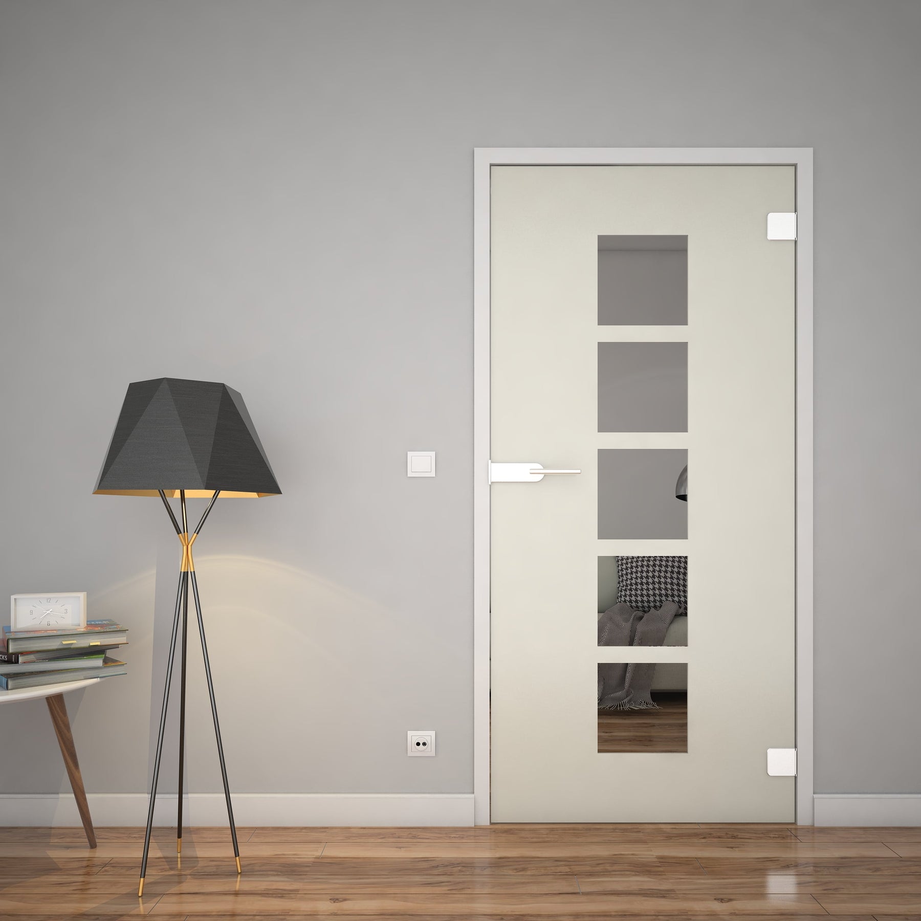 Zimmertür mit Glas-Einsätzen in rechteckigen Feldern und seitlichem Griff