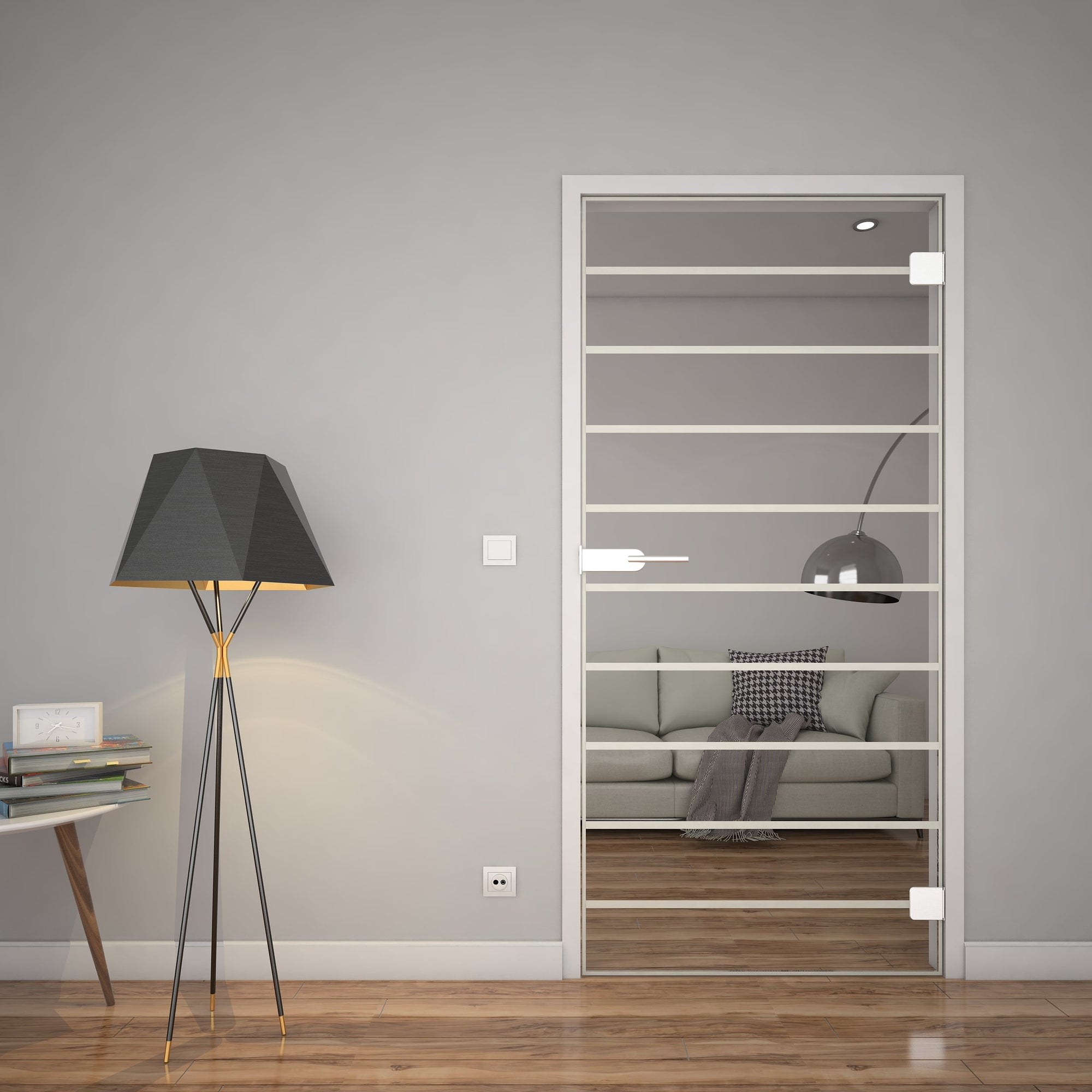 Glastür für den Innenbereich mit weißem Rahmen und horizontalen Glasstreifen