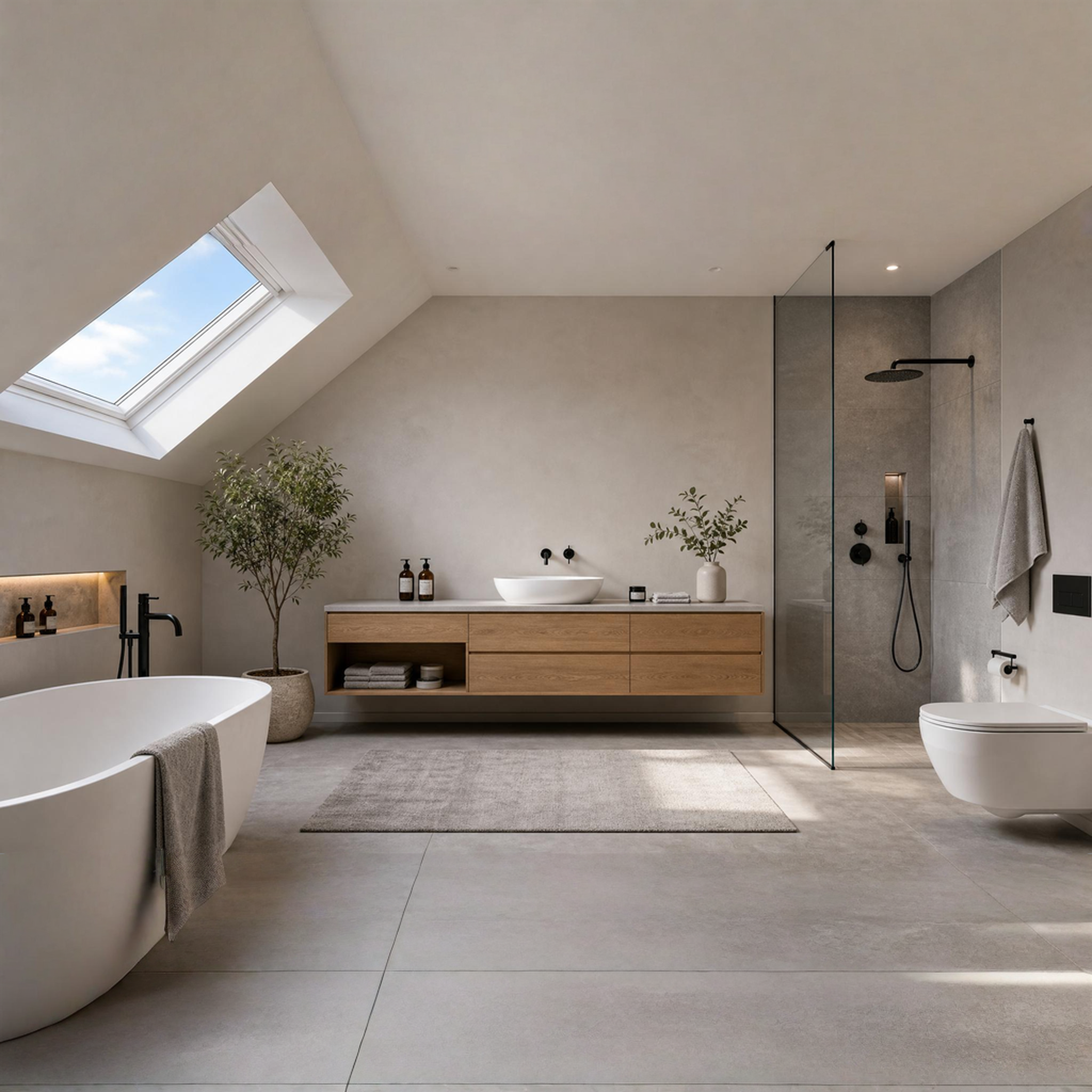 Helles Badezimmer unter einer Dachschräge mit freistehender Badewanne, Holzwaschtisch und bodengleicher Glasdusche.