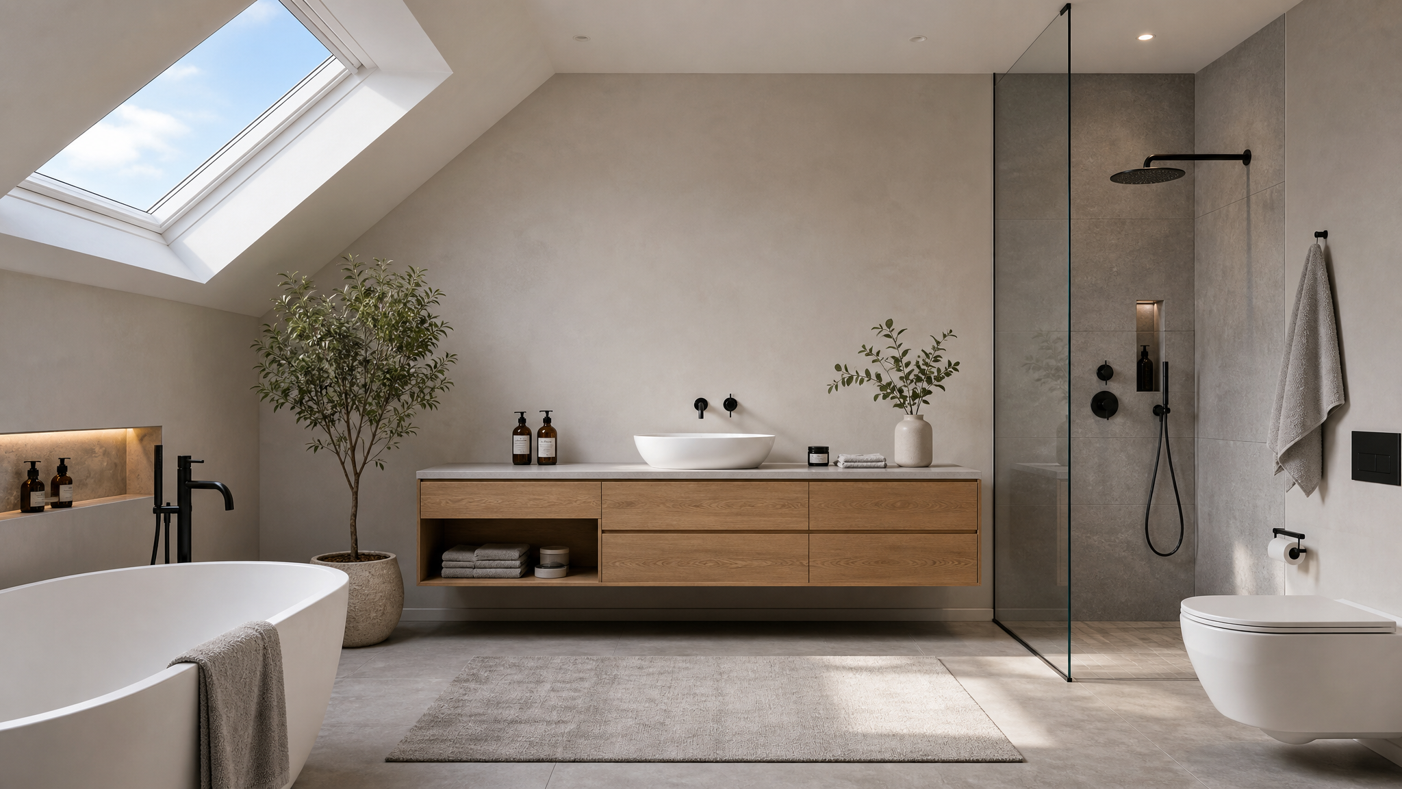 Helles Badezimmer unter einer Dachschräge mit freistehender Badewanne, Holzwaschtisch und bodengleicher Glasdusche.