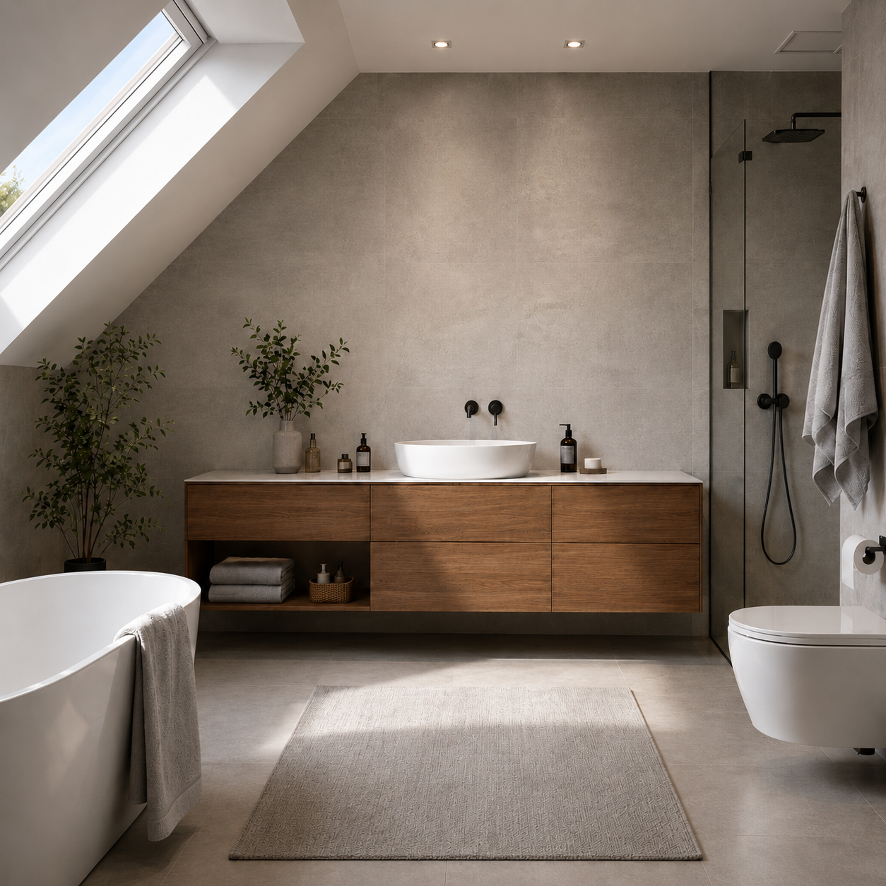 Helles Badezimmer unter einer Dachschräge mit freistehender Badewanne, Holzwaschtisch und bodengleicher Glasdusche.