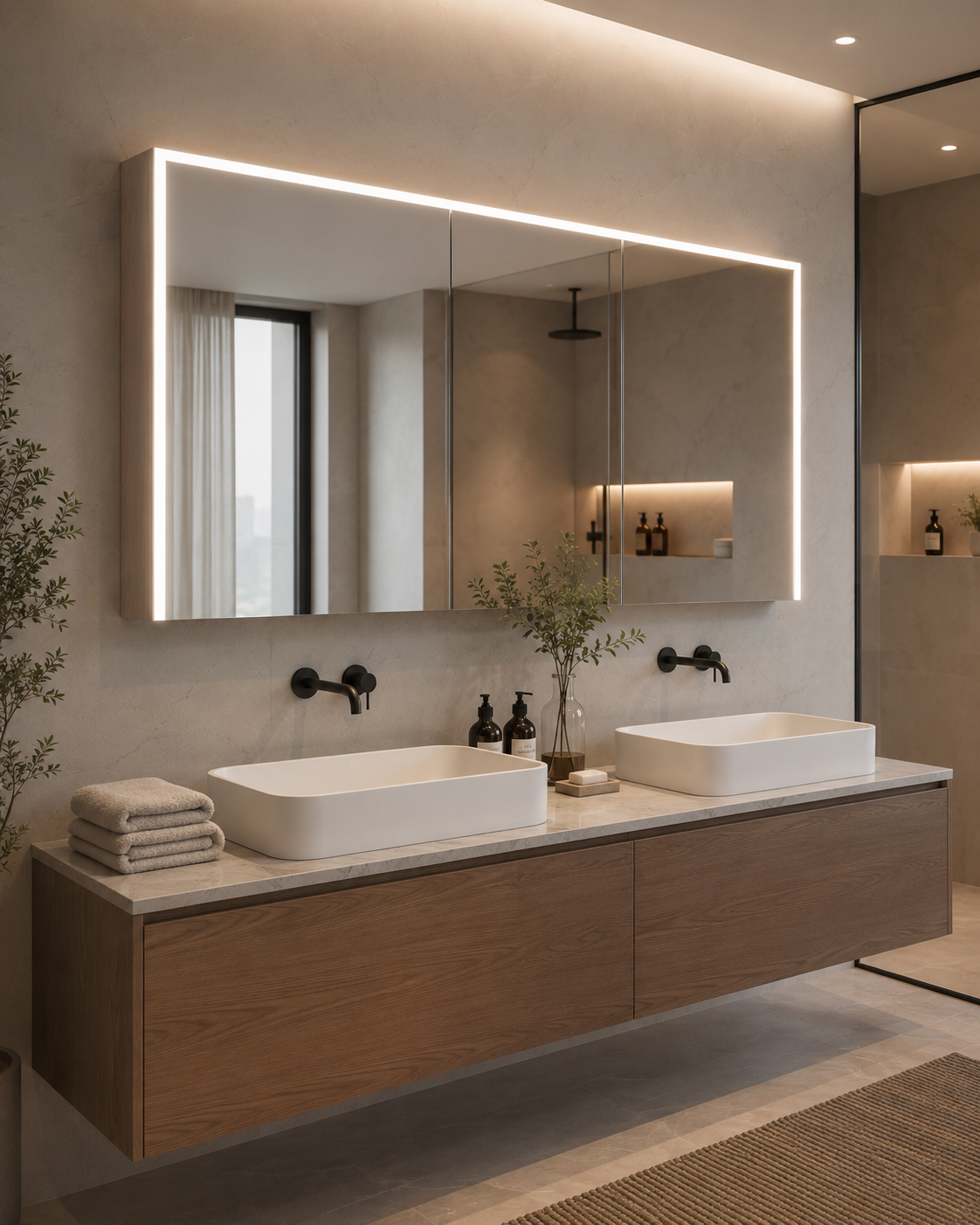 Badezimmer in ruhiger Betonoptik mit einem großen, dreiteiligen LED-Spiegelschrank. Unter dem Spiegel befindet sich ein schwebender Holzunterschrank mit zwei weißen rechteckigen Aufsatzwaschbecken und schwarzen Wandarmaturen. Zwischen den Becken stehen Pflegeprodukte und ein kleiner Zweig. Im Hintergrund ist eine beleuchtete Dusch- oder Abstellnische zu sehen.