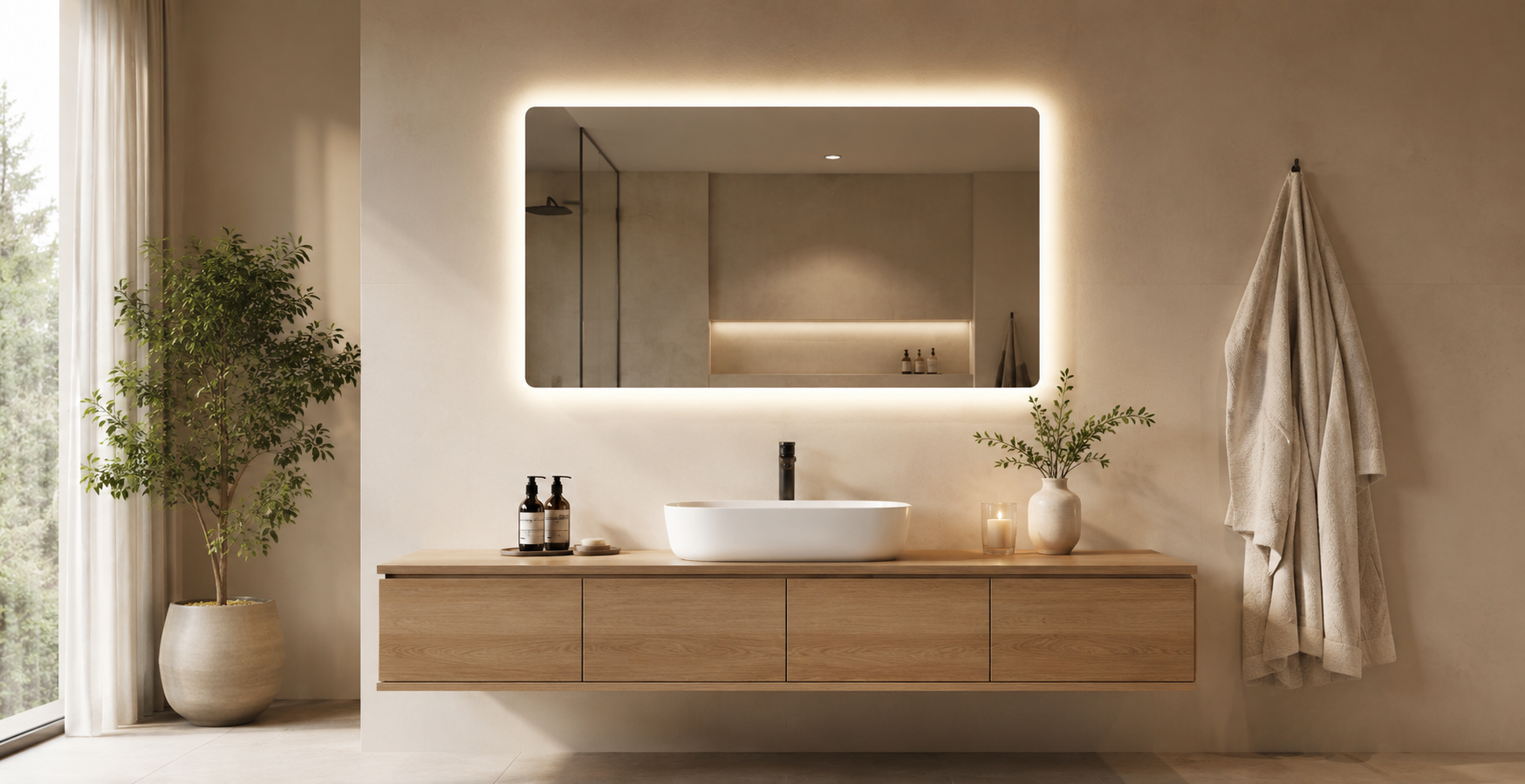 Modernes Badezimmer nach der Aufwertung mit LED-Badspiegel, indirekter Beleuchtung, Waschtisch und warmer Badatmosphäre.