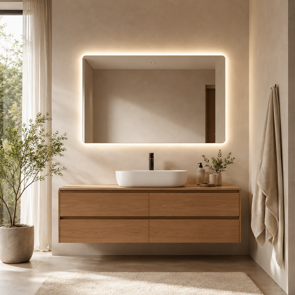 Modernes Badezimmer nach der Aufwertung mit warmweiß beleuchtetem LED-Badspiegel, Waschtisch und indirekter Beleuchtung.
