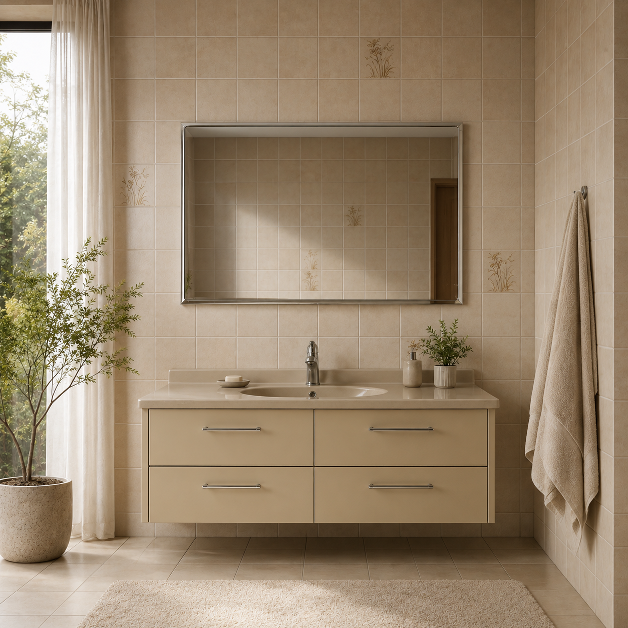Badezimmer vor der Modernisierung mit einfachem Wandspiegel, Waschtisch und beigen Fliesen.