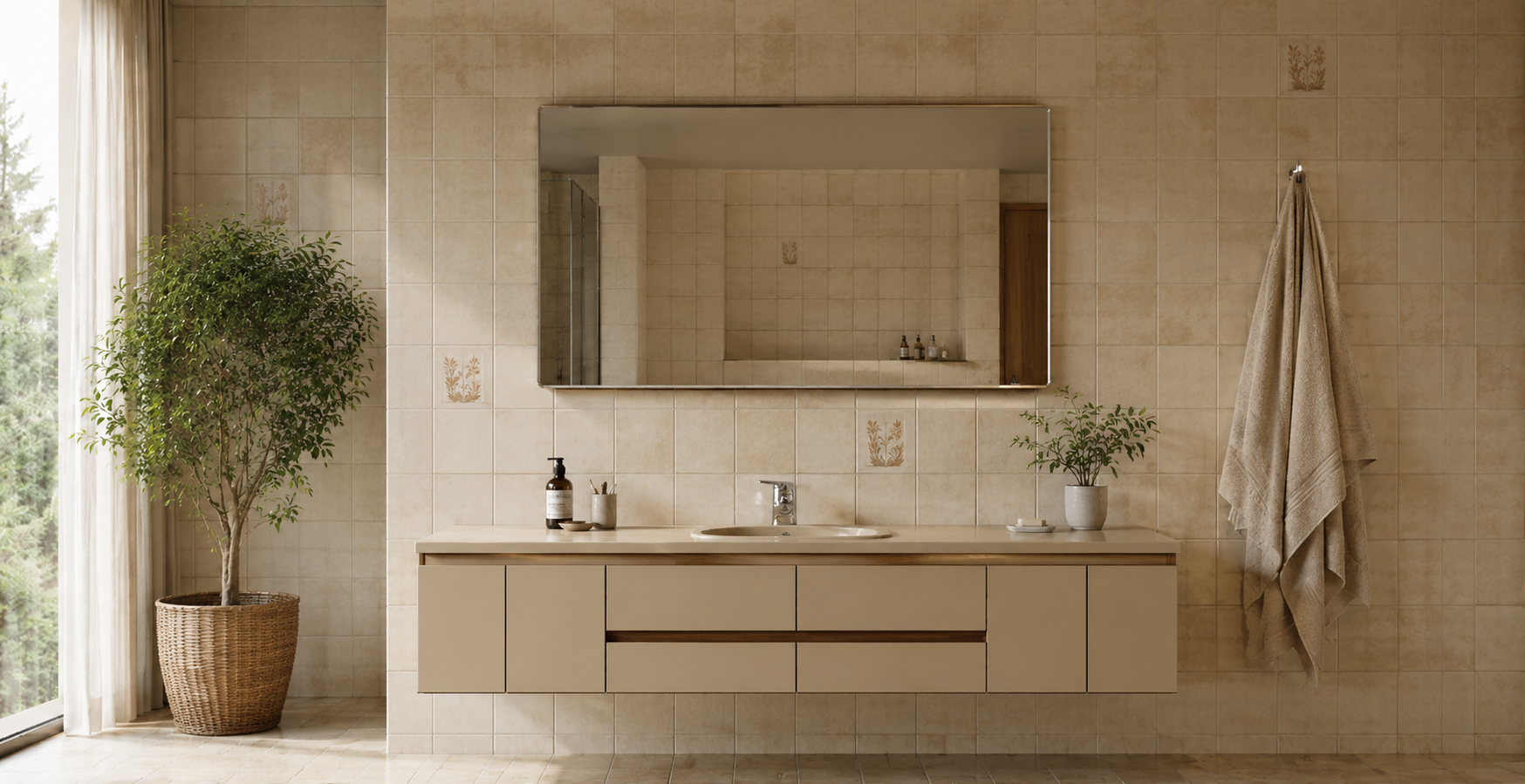 Badezimmer vor der Modernisierung mit einfachem Wandspiegel, Waschtisch und beigen Fliesen.