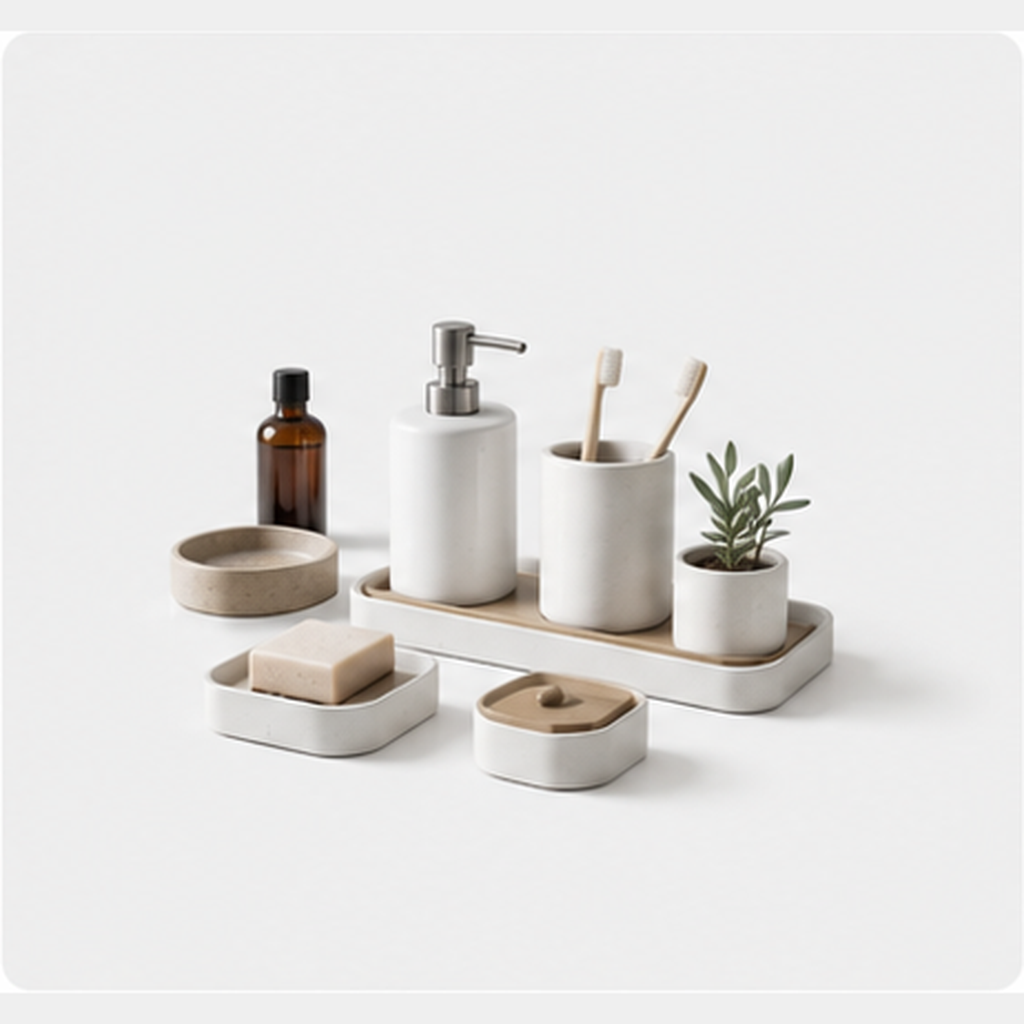 Badezimmer-Zubehör-Set mit Seifenspender, Zahnputzbecher, Ablageschalen, Seife, Flasche und kleiner Pflanze.