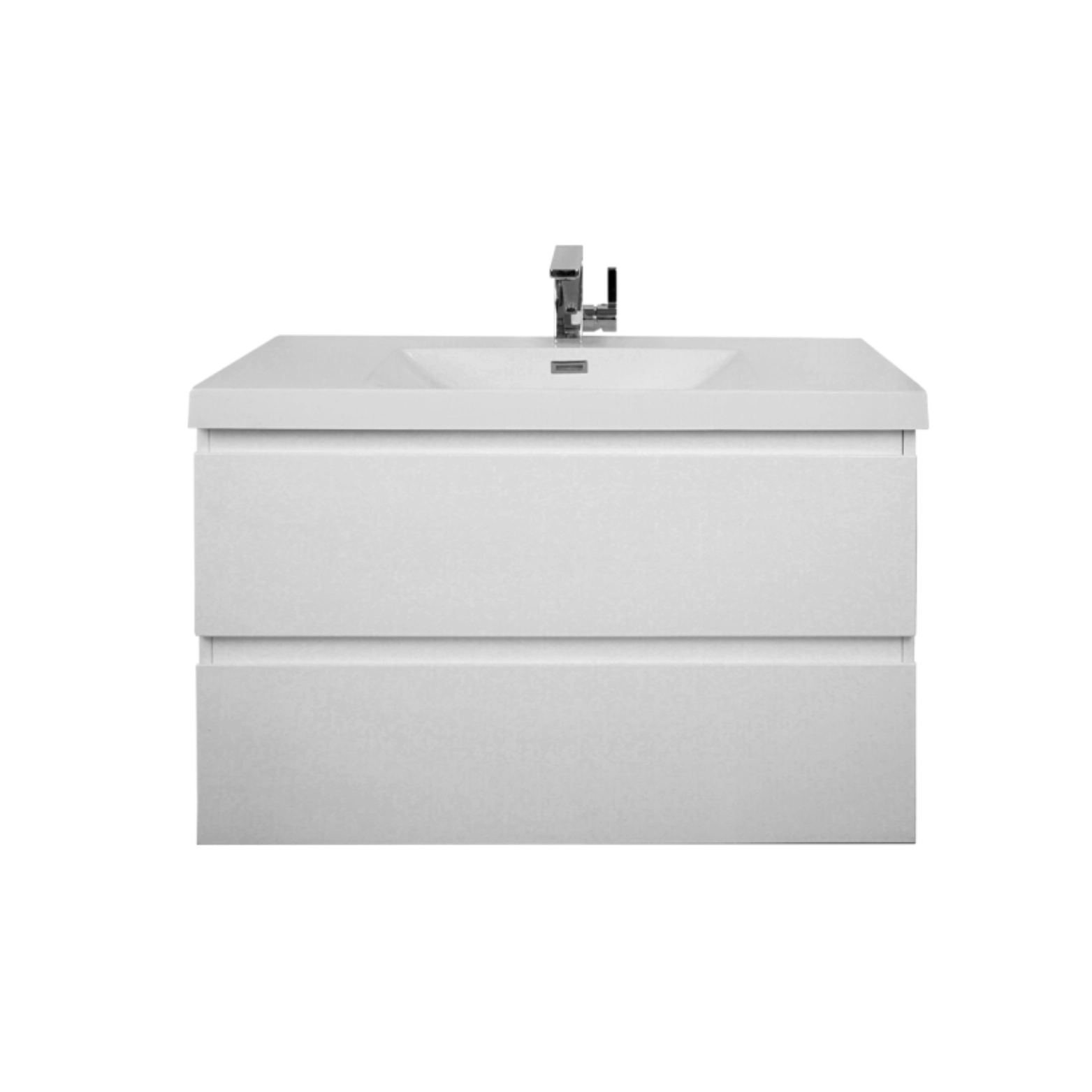 Modernes weißes Badezimmermöbel mit Waschbecken und zwei Schubladen.