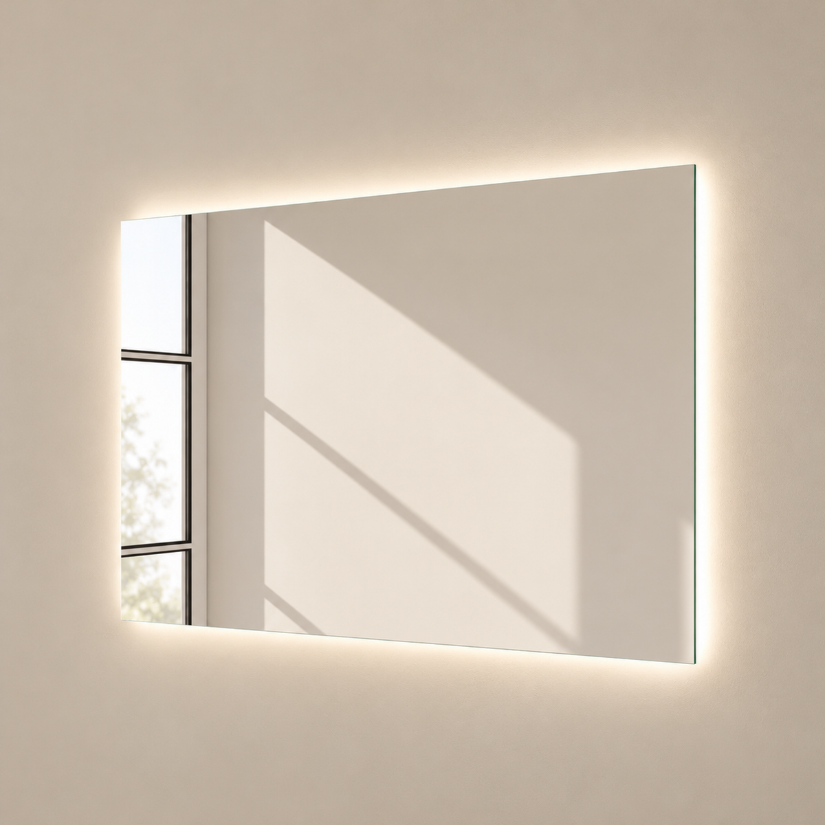 Badspiegel Aurea mit indirekter LED-Beleuchtung und Fensterreflexion in schräger Ansicht