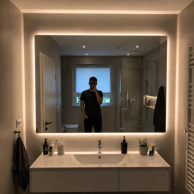 Badspiegel mit warmer Hintergrundbeleuchtung über Waschbecken im Badezimmer
