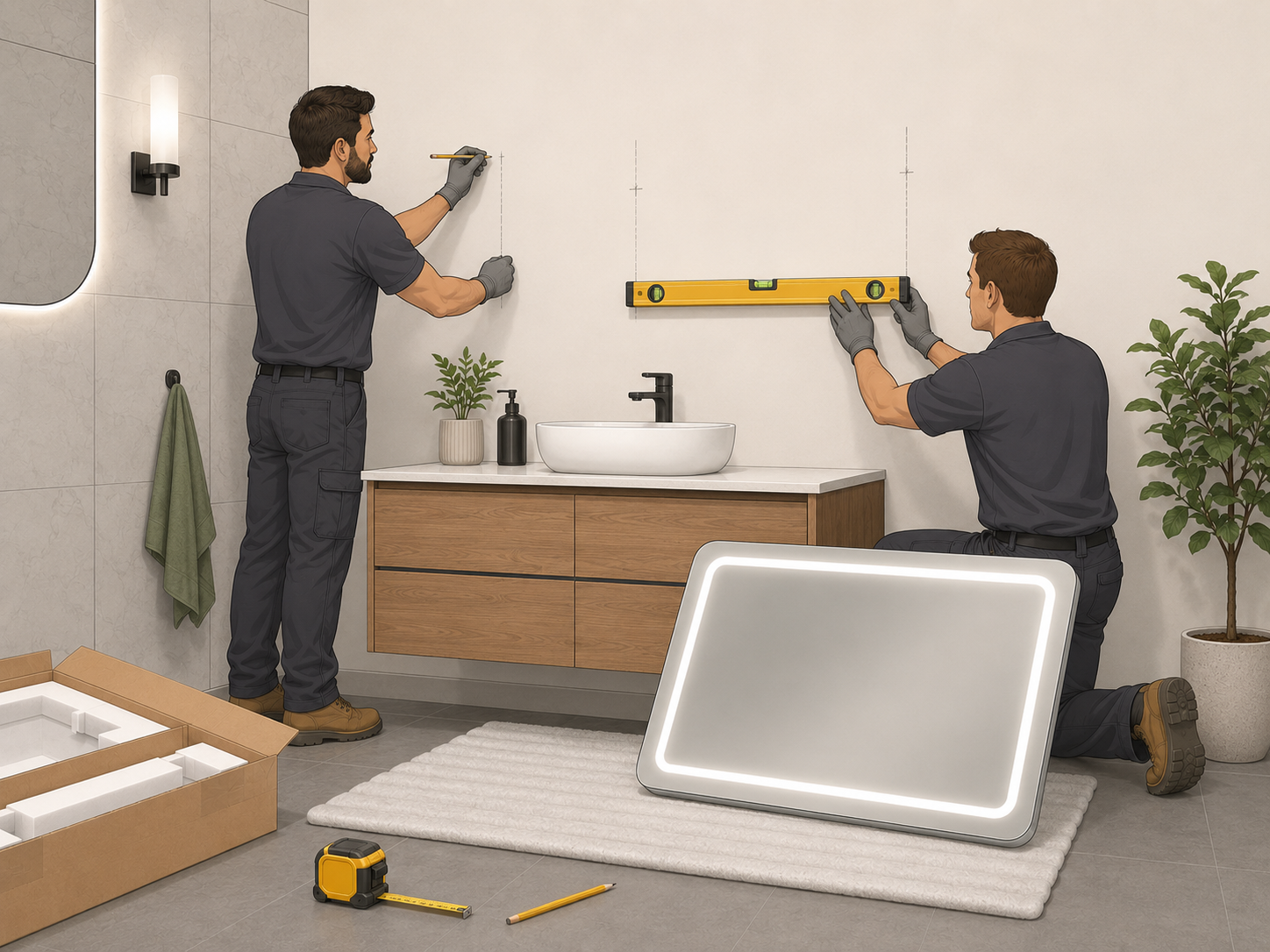 Montage eines Badspiegels mit Bohrmaschine und Wasserwaage