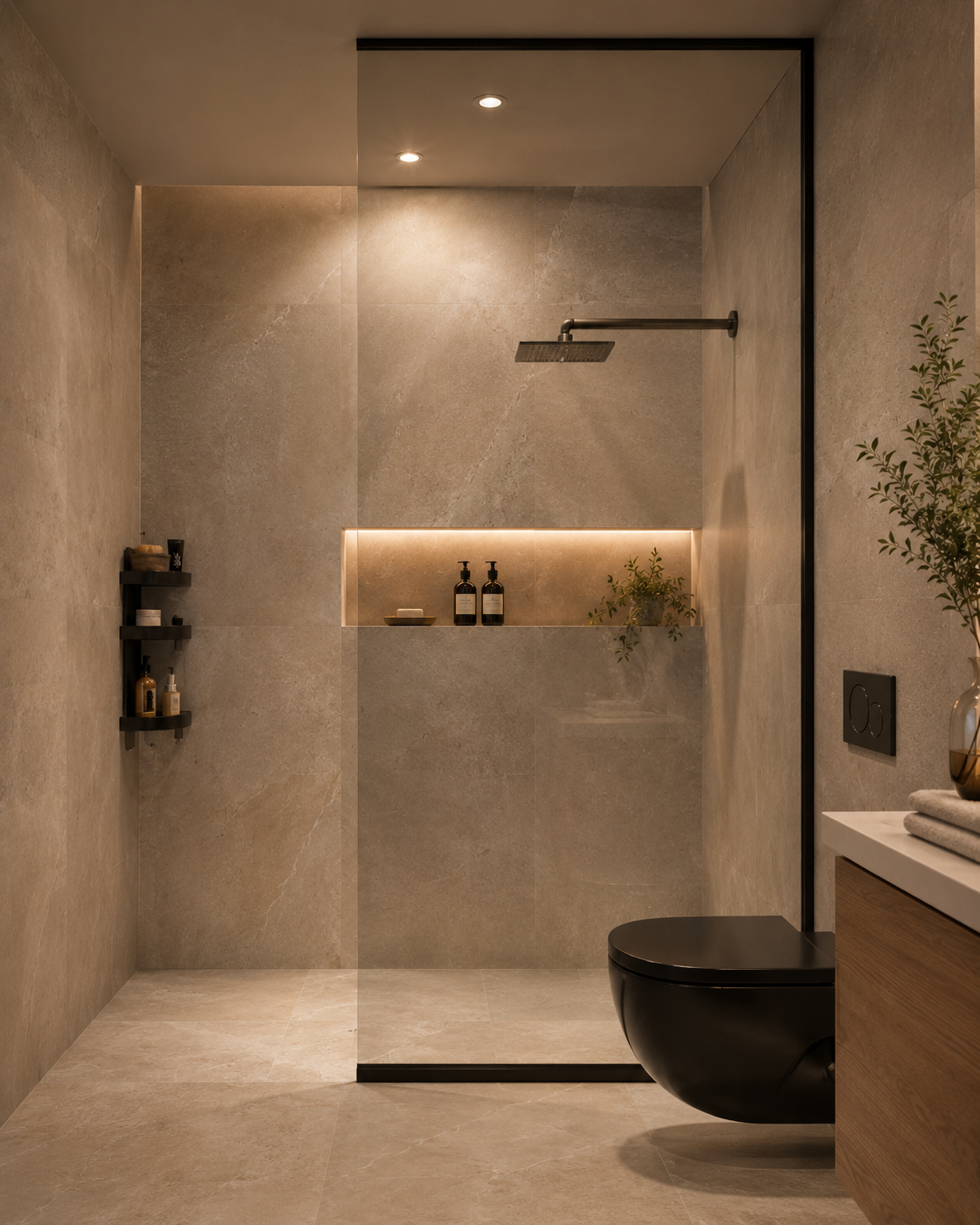 Modernes Badezimmer mit beigen großformatigen Fliesen und einer bodengleichen Glasduschwand mit markantem schwarzem Metallrahmen. Im Inneren der Duschinsel befindet sich eine beleuchtete Wandnische mit Pflegeprodukten und einer kleinen Pflanze. Links an der Wand ist ein schwarzes Duschregal montiert, darüber eine schlichte schwarze Regendusche. Im Vordergrund rechts sind eine schwarze wandhängende Toilette sowie ein Holzwaschtisch zu sehen.