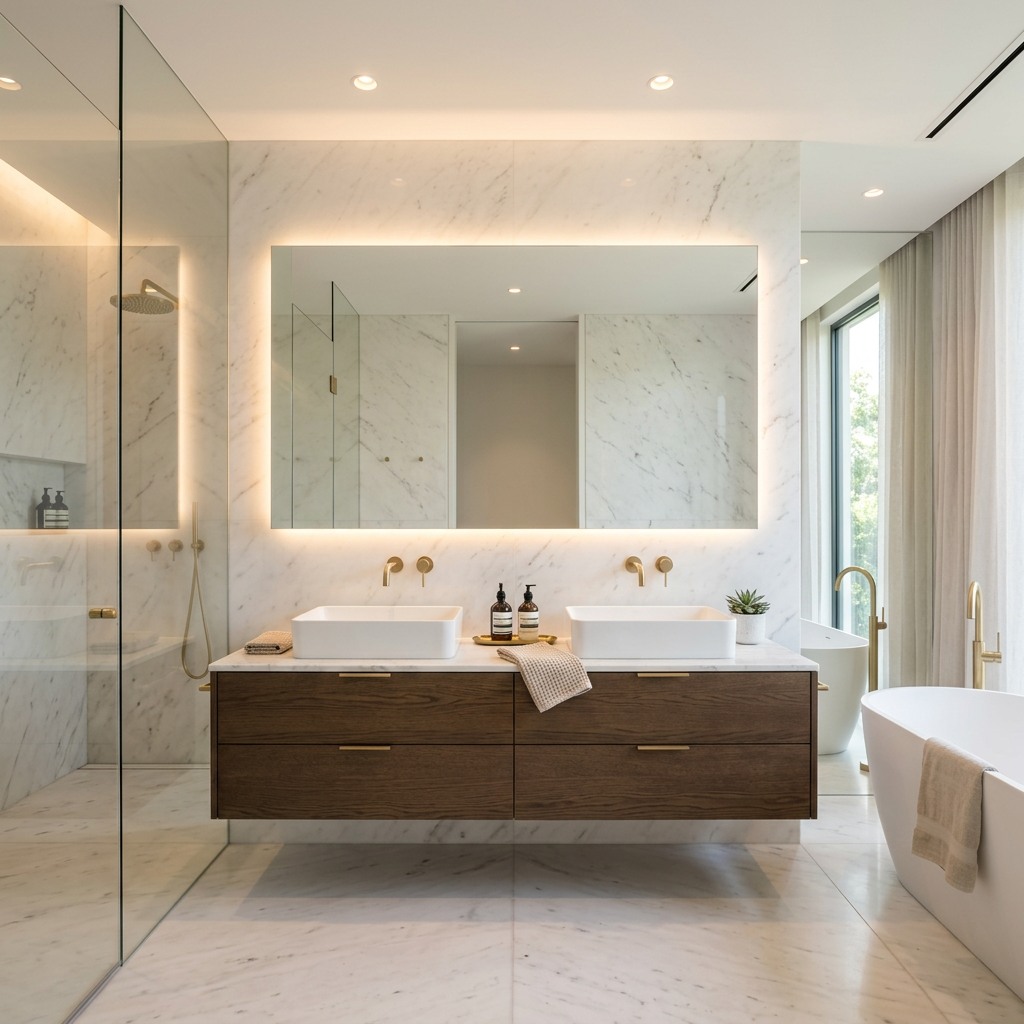 Luxuriöses Badezimmer mit großem, beleuchtetem Badspiegel über einem Holz-Doppelwaschtisch. Weiße Marmorwände, goldene Armaturen, bodengleiche Dusche mit Glasabtrennung und Badewanne am Fenster.