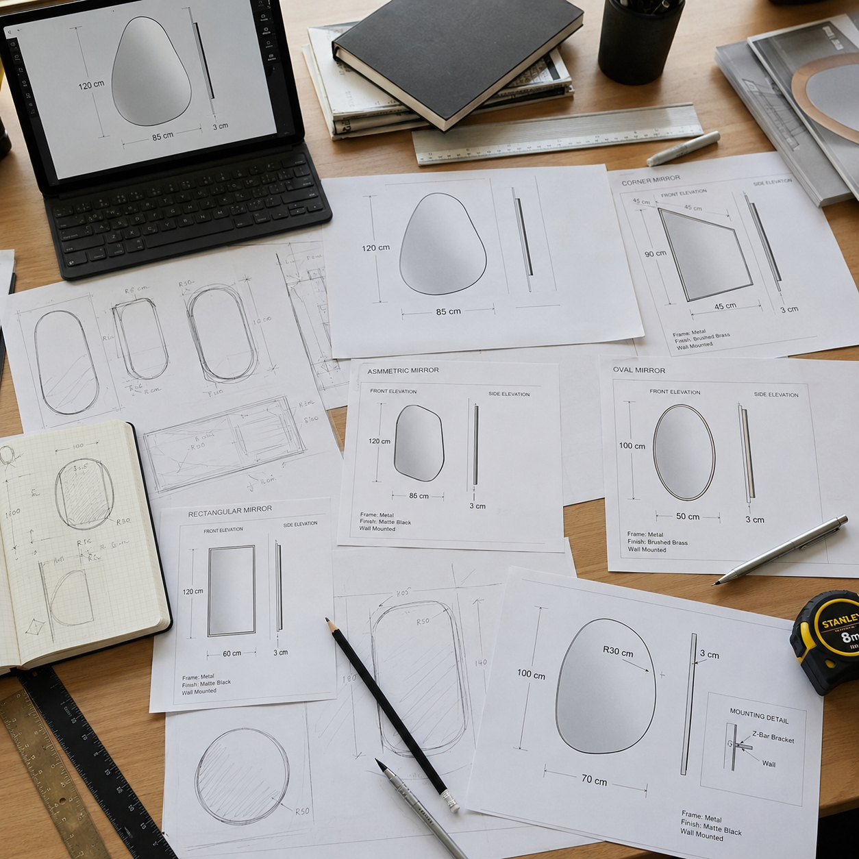 Fotorealistischer Designer-Schreibtisch mit CAD-Zeichnungen, Skizzen und Maßangaben für asymmetrische Spiegel, Eckspiegel, ovale Spiegel und rechteckige Spiegel.