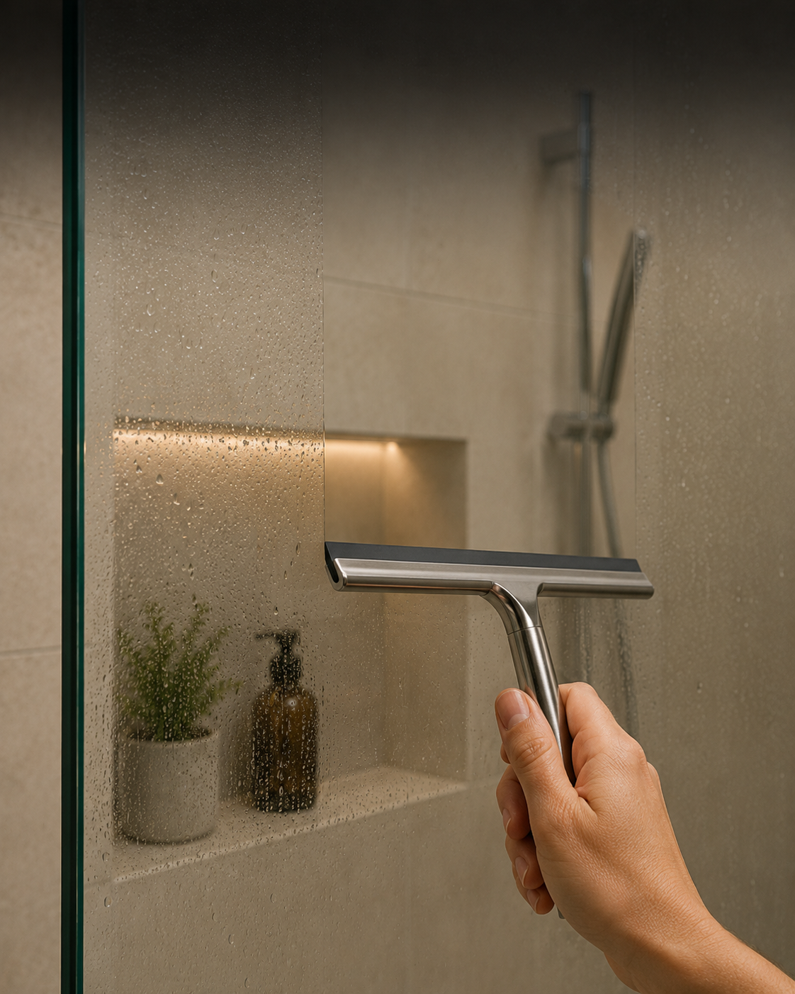 Hand reinigt eine nasse Glasdusche mit einem Edelstahl-Duschabzieher.