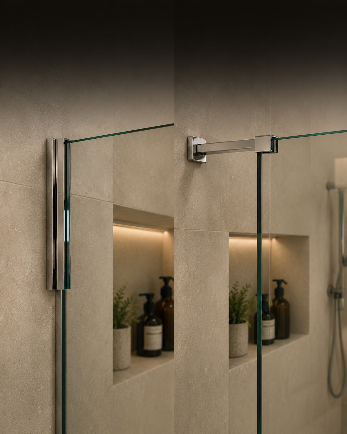 Befestigung einer Glasduschwand mit Wandprofil und stabilisierender Haltestange.