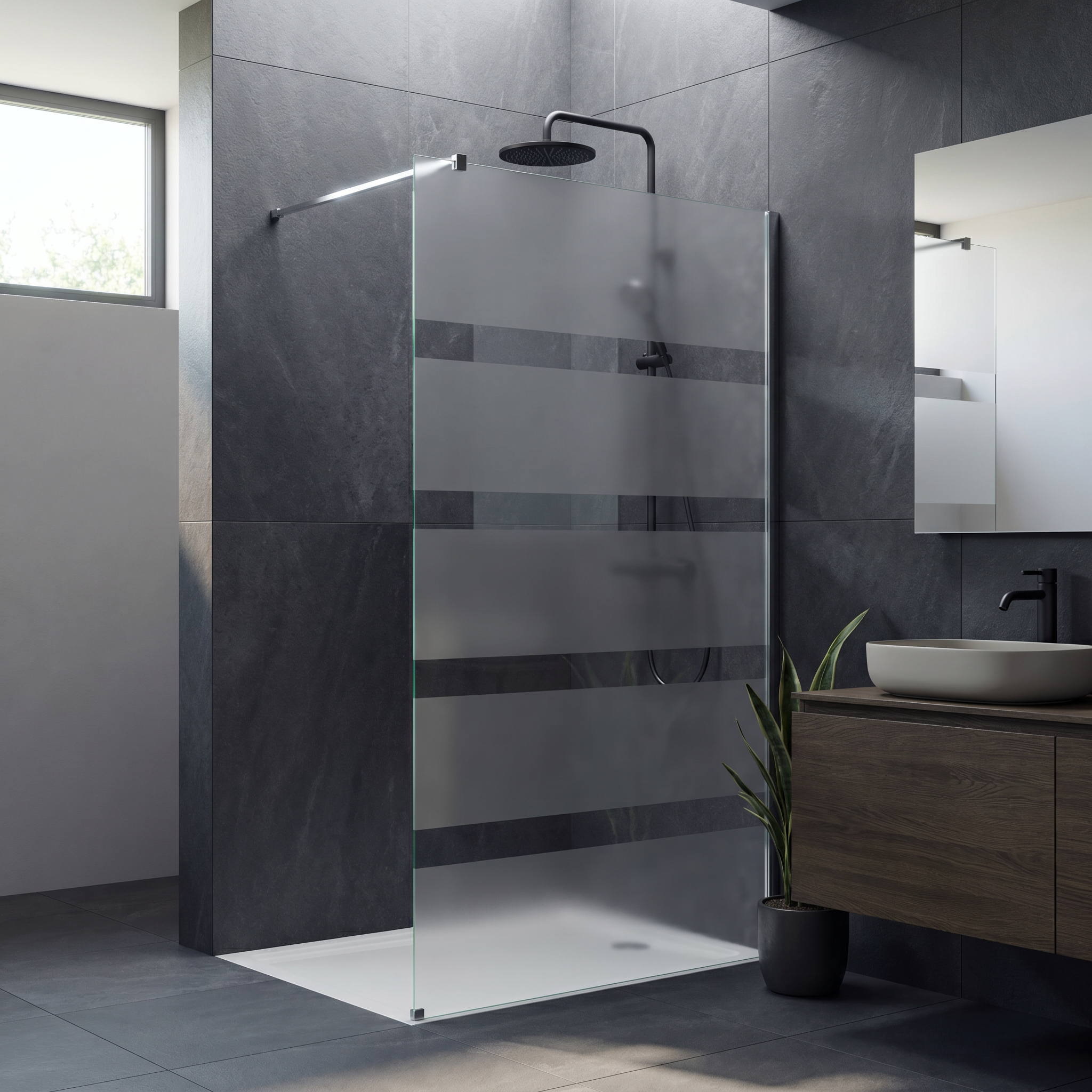 Walk-in-Dusche mit rahmenloser Glaswand im modernen Badezimmer