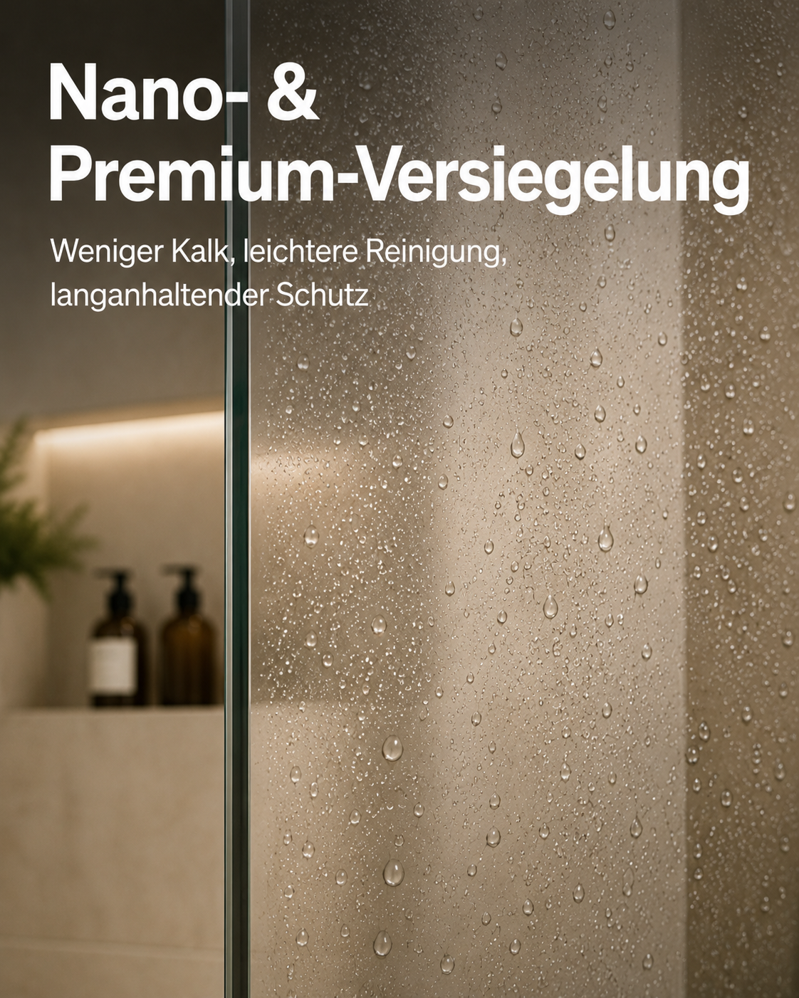 Duschwand mit Nano- und Premium-Versiegelung für weniger Kalk, leichtere Reinigung und langlebigen Schutz.